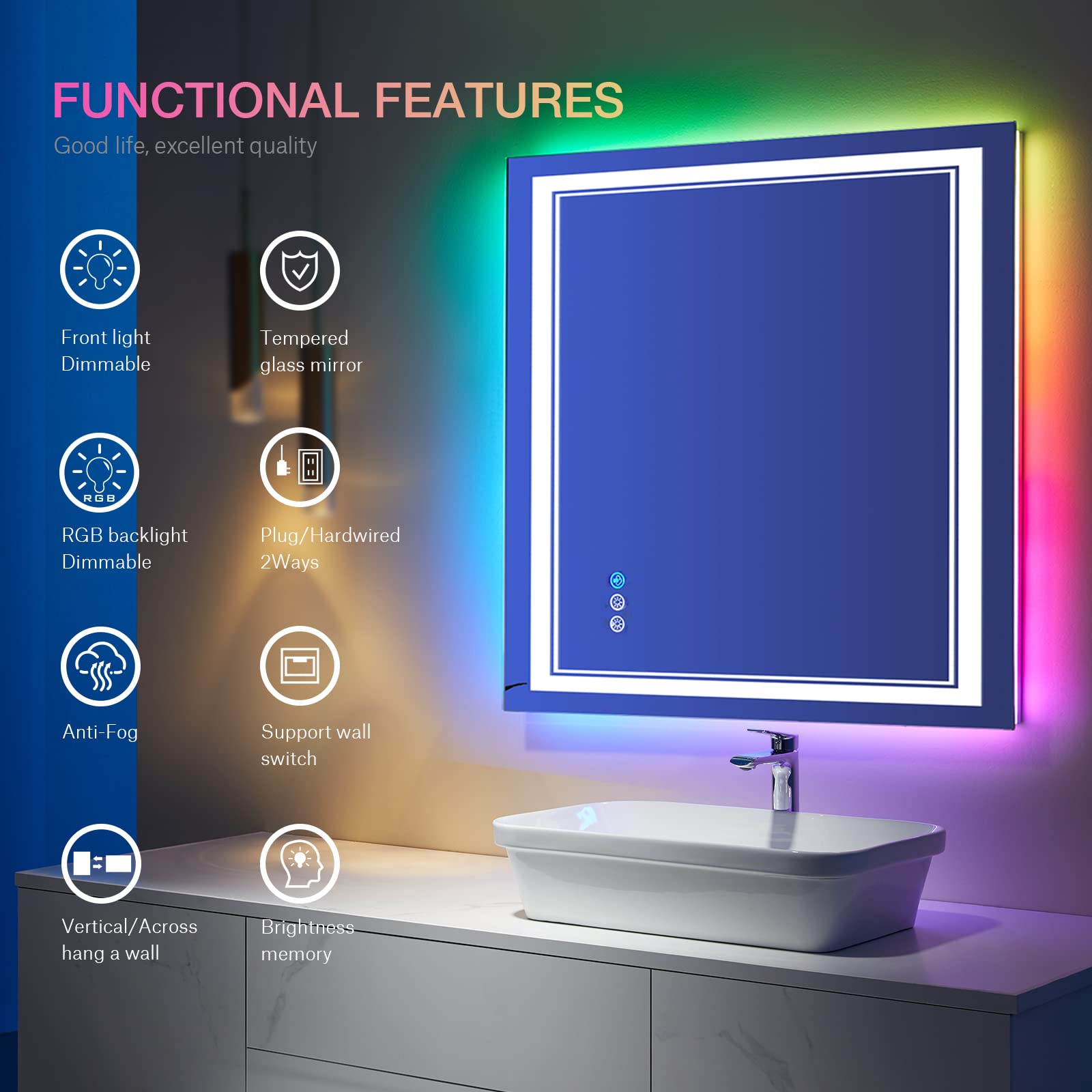 36x36 Inch LED Bathroom Mirror with Front Light & RGB Backlit - Dimmable, Anti-Fog, Tempered Glass Square Wall Mirror for Modern Bathrooms, Vanity, Makeup & Shaving