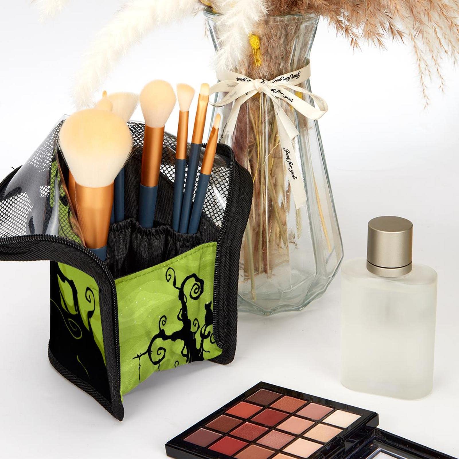 12-Piece Makeup Brush Organizer Bag with Halloween Northern Lights Tree Cat Design - Portable Travel Makeup Brush Holder Case for Professional & Home Use