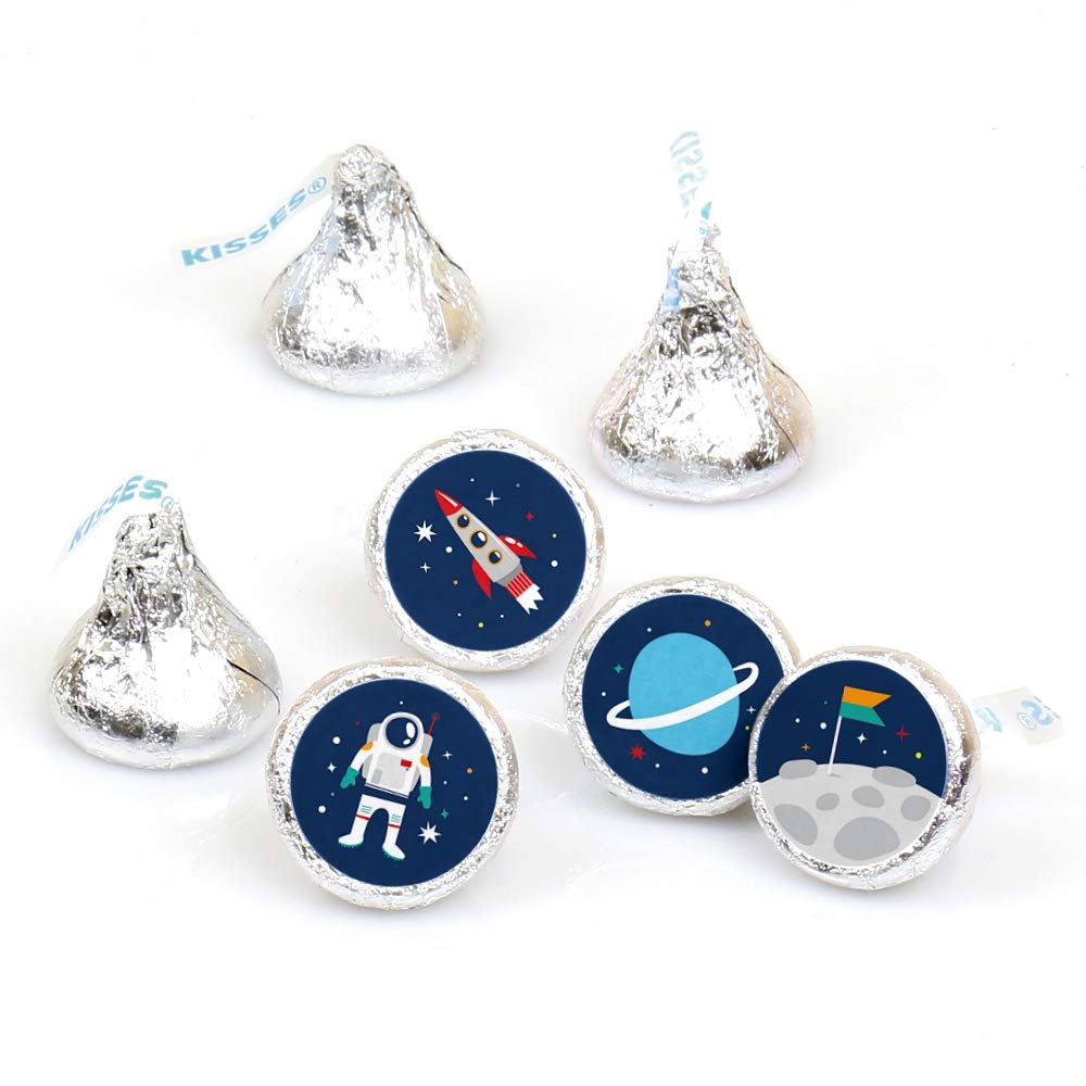 Blast Off to Outer Space Rocket Ship Candy Stickers - 108 Round Labels for Chocolate Favors | Perfect for Baby Showers, Birthday Parties & Space-Themed Events
