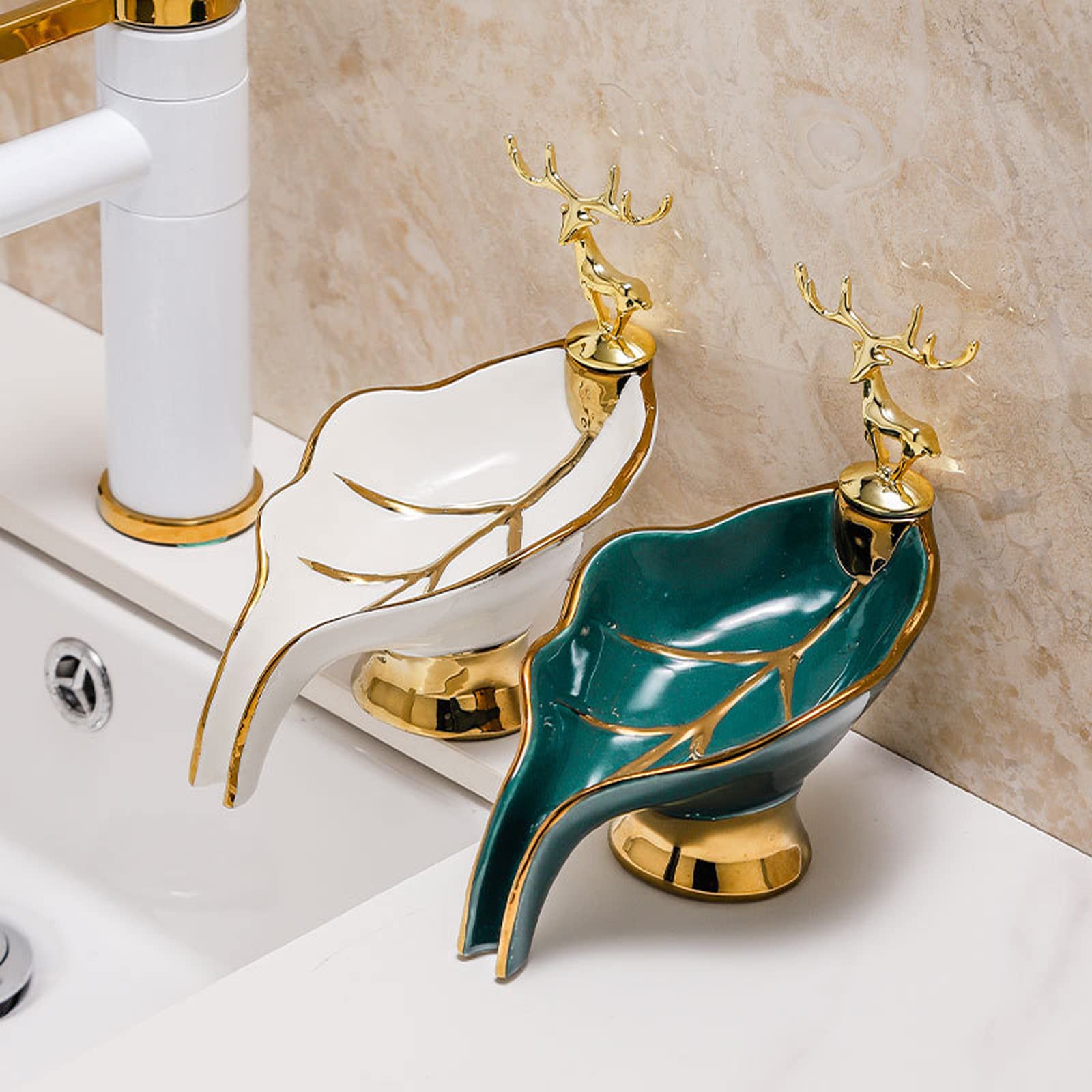 Luxury Ceramic Soap Dish with Golden Deer - Leaf Shaped Self Draining Soap Holder for Bathroom, Kitchen & Shower - Elegant Soap Storage Solution for Countertops, Vanities and Spa Decor