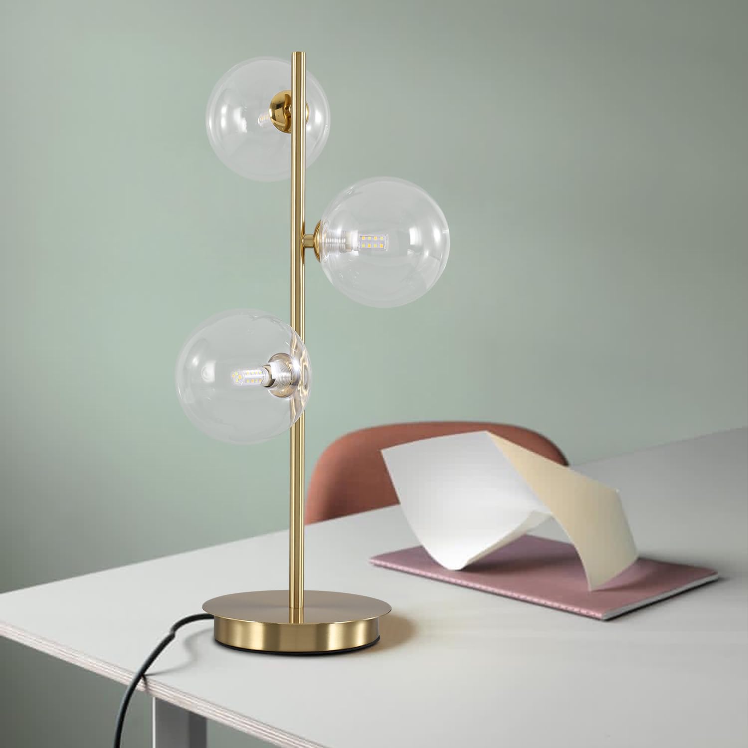Mid Century Modern Gold Desk Lamp with 3 White Glass Globes - Contemporary Reading Light for Bedroom, Living Room & Study | Perfect for Nightstands, Office Desks & Cozy Corners