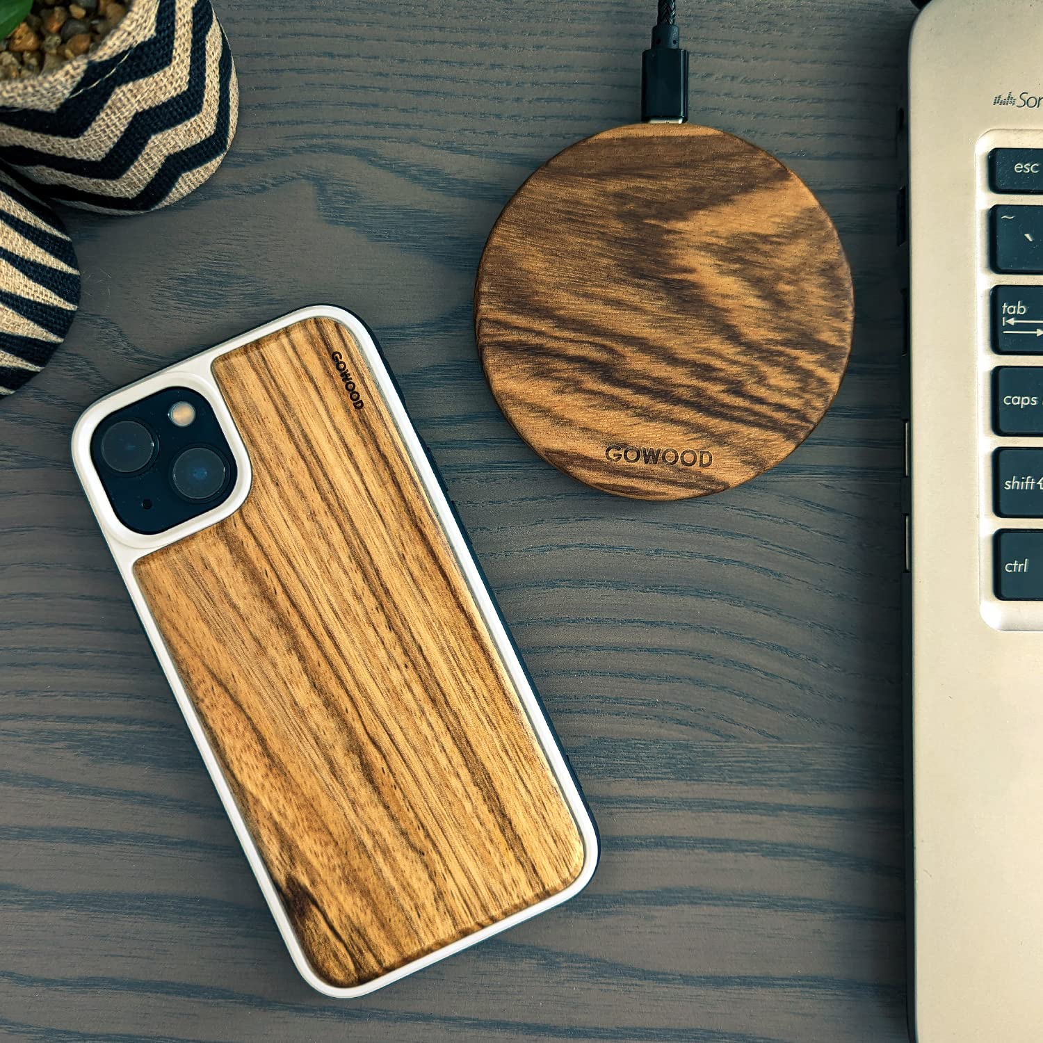 GOWOOD 15W Fast Wireless Charger with Zebra Wood Design - Includes 2m Durable USB-C Cable & LED Indicator - Perfect for Home, Office, and Car Charging