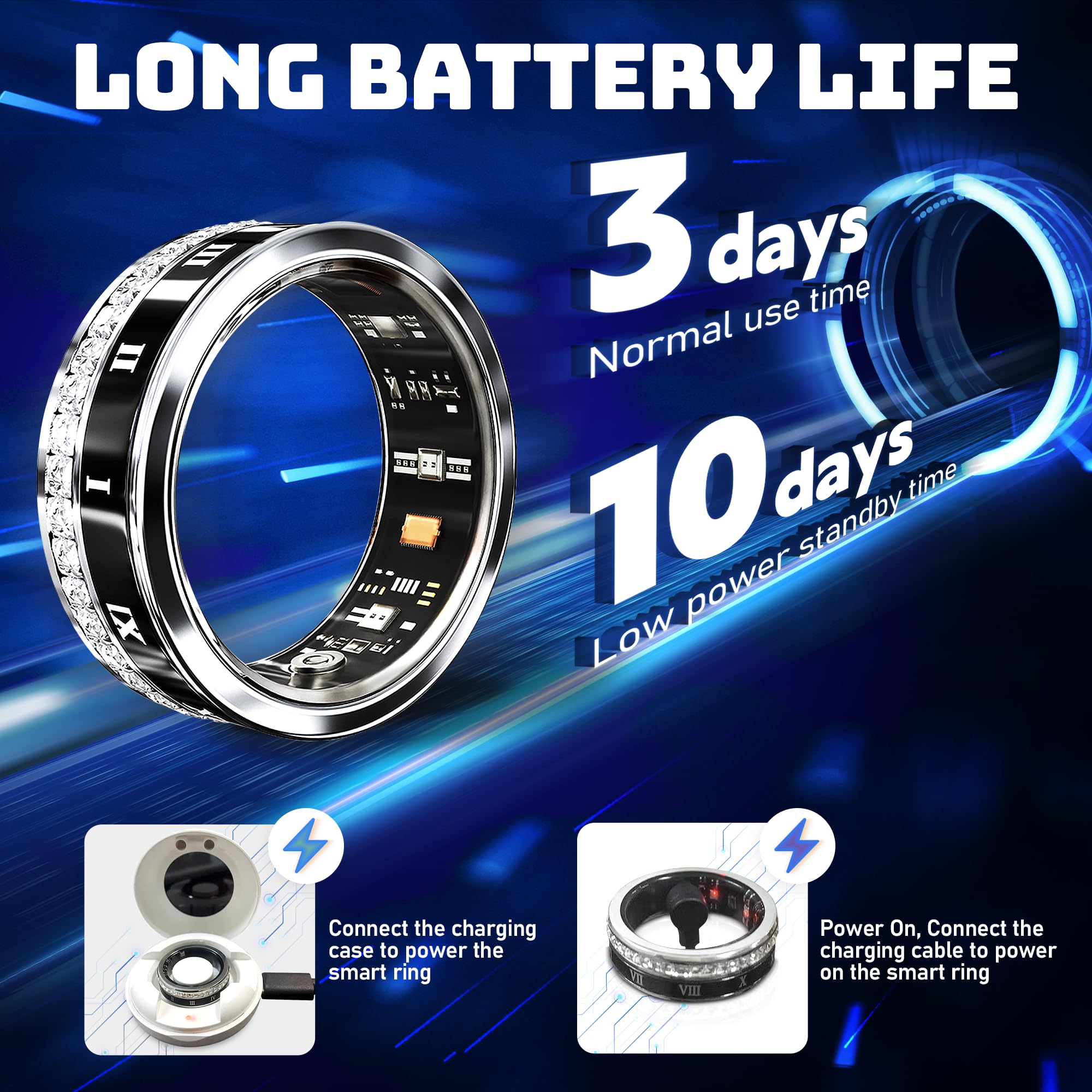 Smart Ring Fitness Tracker - Heart Rate, Blood Oxygen & Sleep Monitor with Blood Pressure Tracking, IP68 Waterproof, iOS/Android Compatible, Remote Camera Control & Family Care Features - Diamond Style Fashion Accessory for Workouts, Sleep Analysis & Daily Health Monitoring (Size 10)
