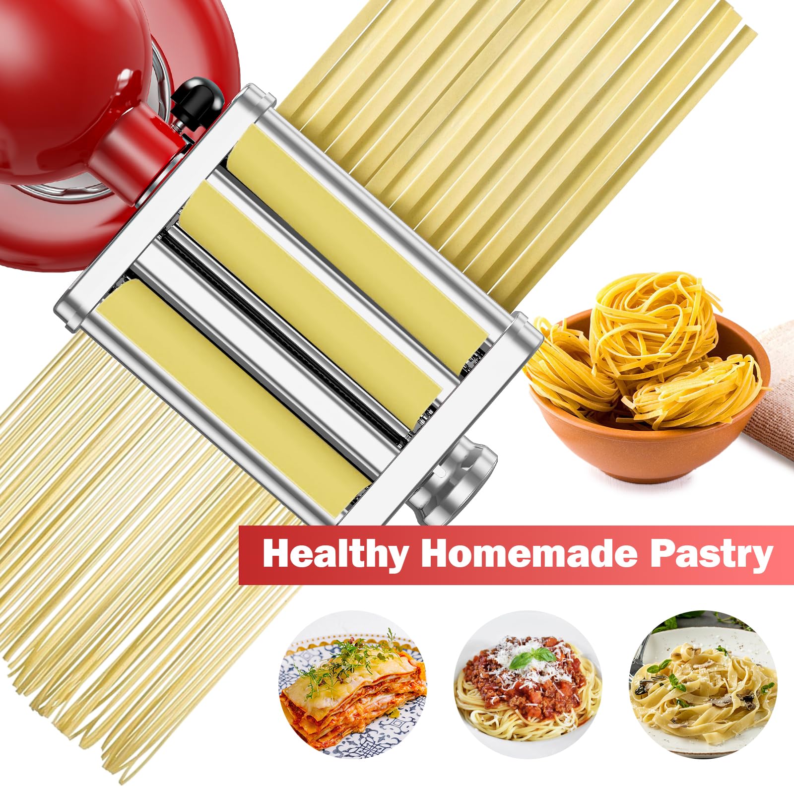 3-in-1 Pasta Maker Attachment for KitchenAid Stand Mixer - All Metal Pasta Roller, Spaghetti & Fettuccine Cutter Set with Cleaning Brush | Homemade Pasta Accessories for Italian Cooking & Family Dinners