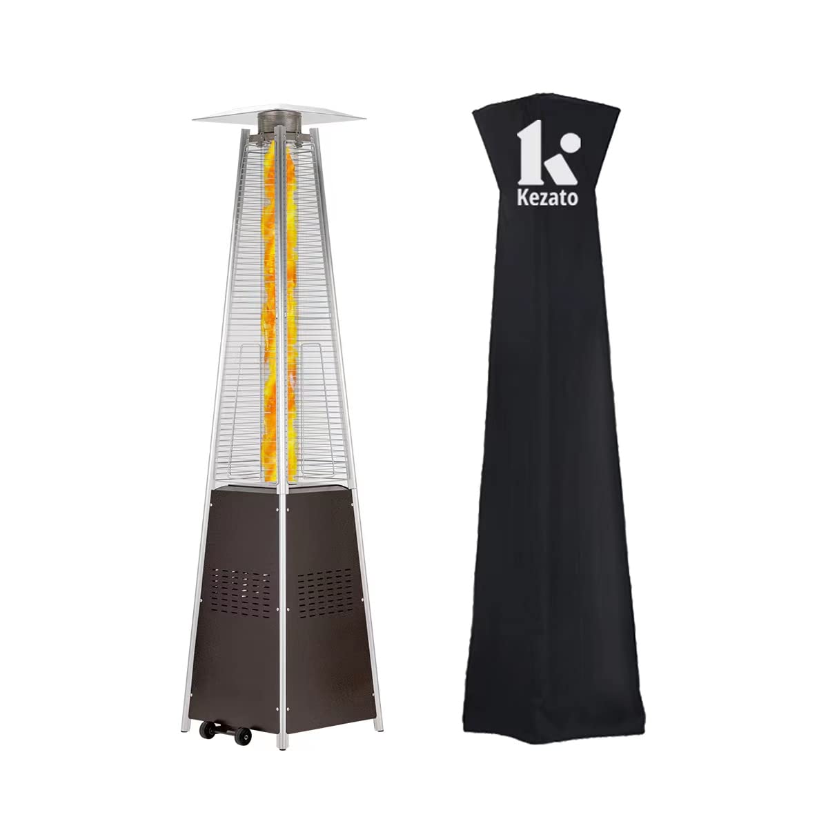 Kezato 42,000 BTU Bronze Outdoor Pyramid Patio Heater with Glass Tube, Wheels & Cover - Commercial & Residential Propane Heater for Backyard, Deck, Restaurant & Garden Parties