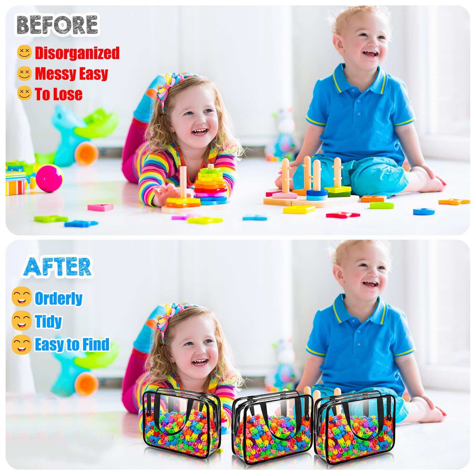 12-Piece Large PVC Clear Toy Storage Bags with Zipper - Waterproof Organizer for Building Blocks, Puzzles, Kids Books (Black) - Perfect for Playroom, Classroom & Home Organization