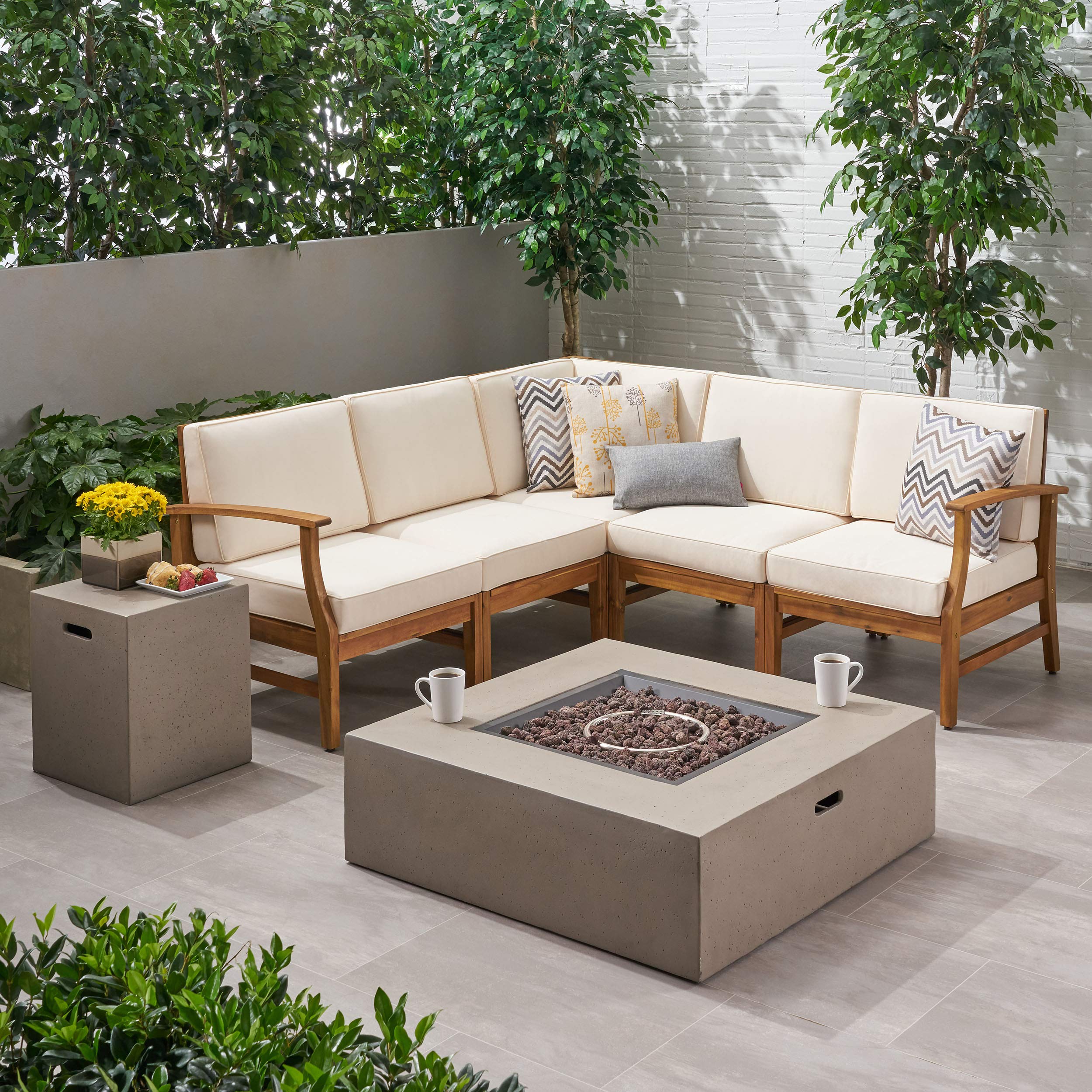 Premium 6-Piece Acacia Wood Outdoor Sofa Set with Square Fire Pit Table & Tank - Teak, Creme & Light Gray Patio Furniture for Backyard, Garden, Poolside & Deck Relaxation