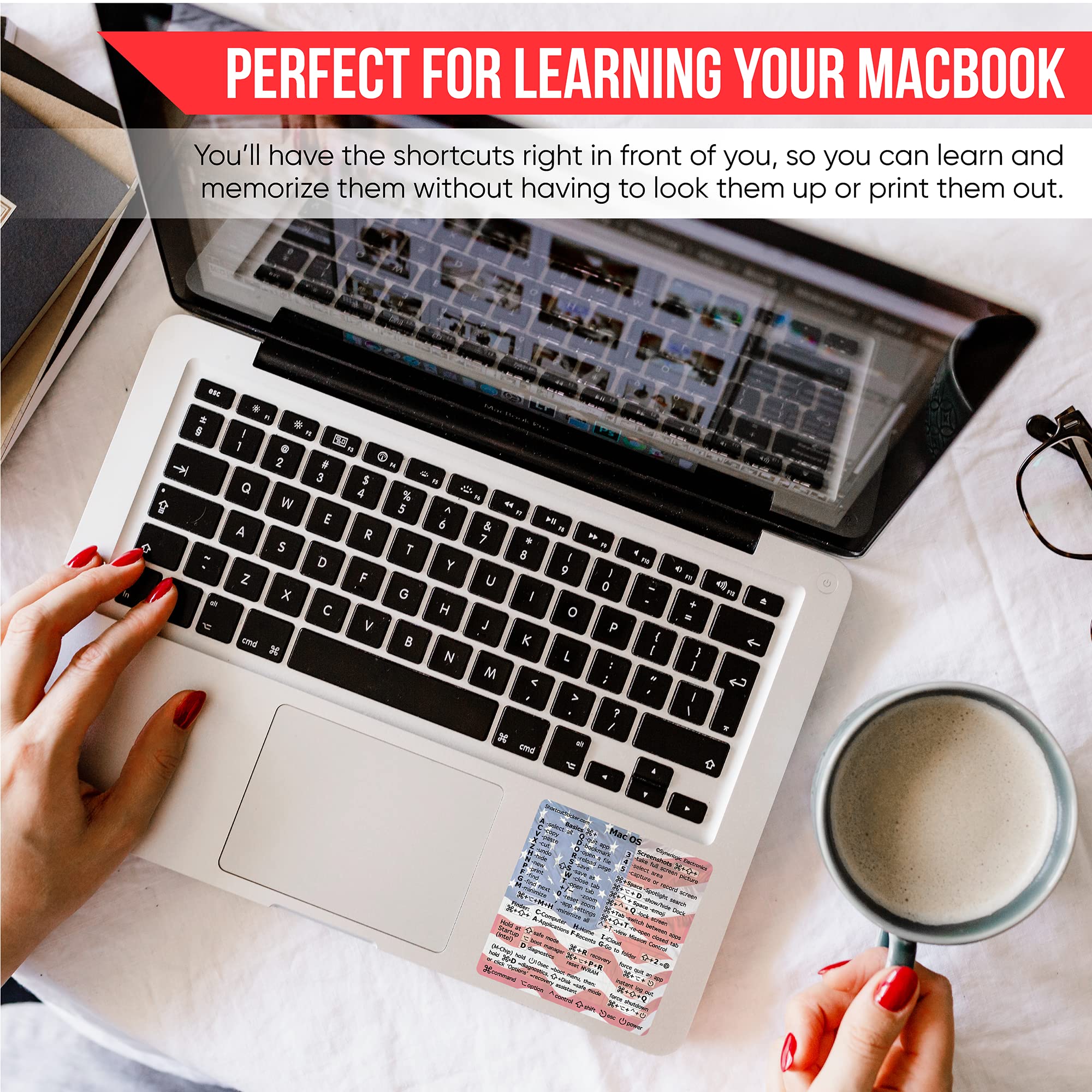 Synerlogic (5pcs) Mac OS Shortcut Keyboard Stickers - No-Residue Clear Vinyl Decals for MacBook Air & Pro 13-16 inch - US Flag Design | Perfect for Coding, Design & Office Work to Boost Productivity
