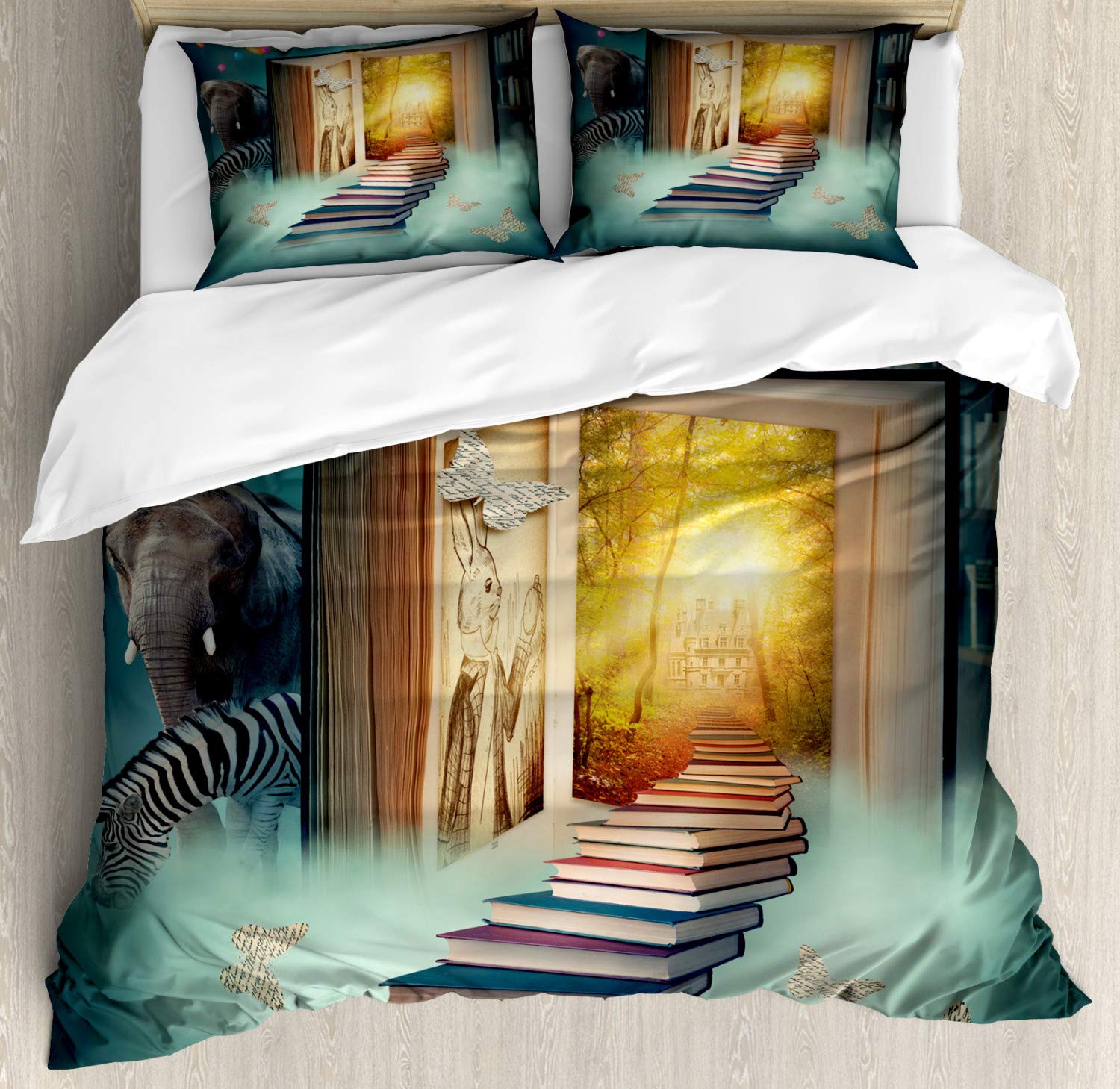 Ambesonne Fantasy Duvet Cover Set - Magic Book Forest with Balloon, Zebra, Elephant & Butterflies | 3-Piece California King Bedding Set in Teal & Yellow | Perfect for Kids' Rooms, Nursery Decor & Whimsical Bedroom Themes