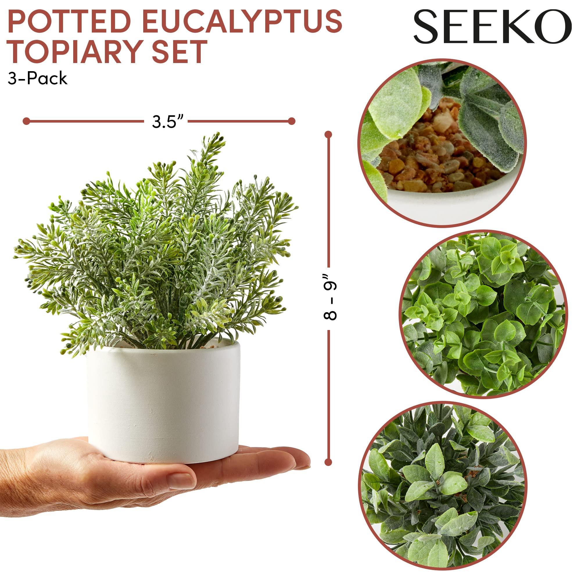 SEEKO 3 Pack Artificial Succulent Plants - Small Fake Eucalyptus Potted Greenery for Home, Office, Desk, Dorm & Laundry Room Decor - Perfect for Table Centerpieces, Shelf Displays & Bathroom Styling