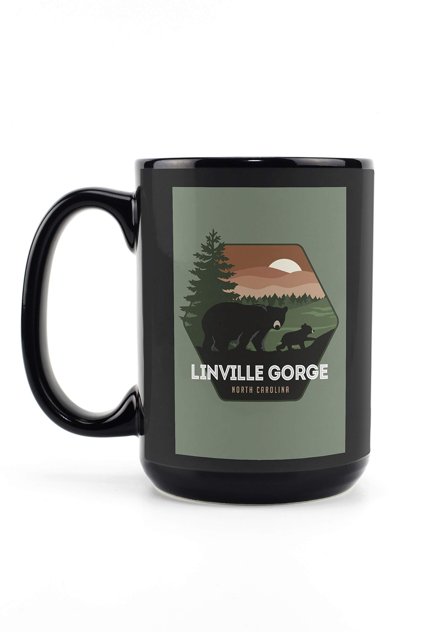 Linville Gorge North Carolina Bear Family Vector Art 15oz Black Ceramic Coffee Mug - Microwave & Dishwasher Safe - Perfect for Camping, Hiking & Outdoor Enthusiasts