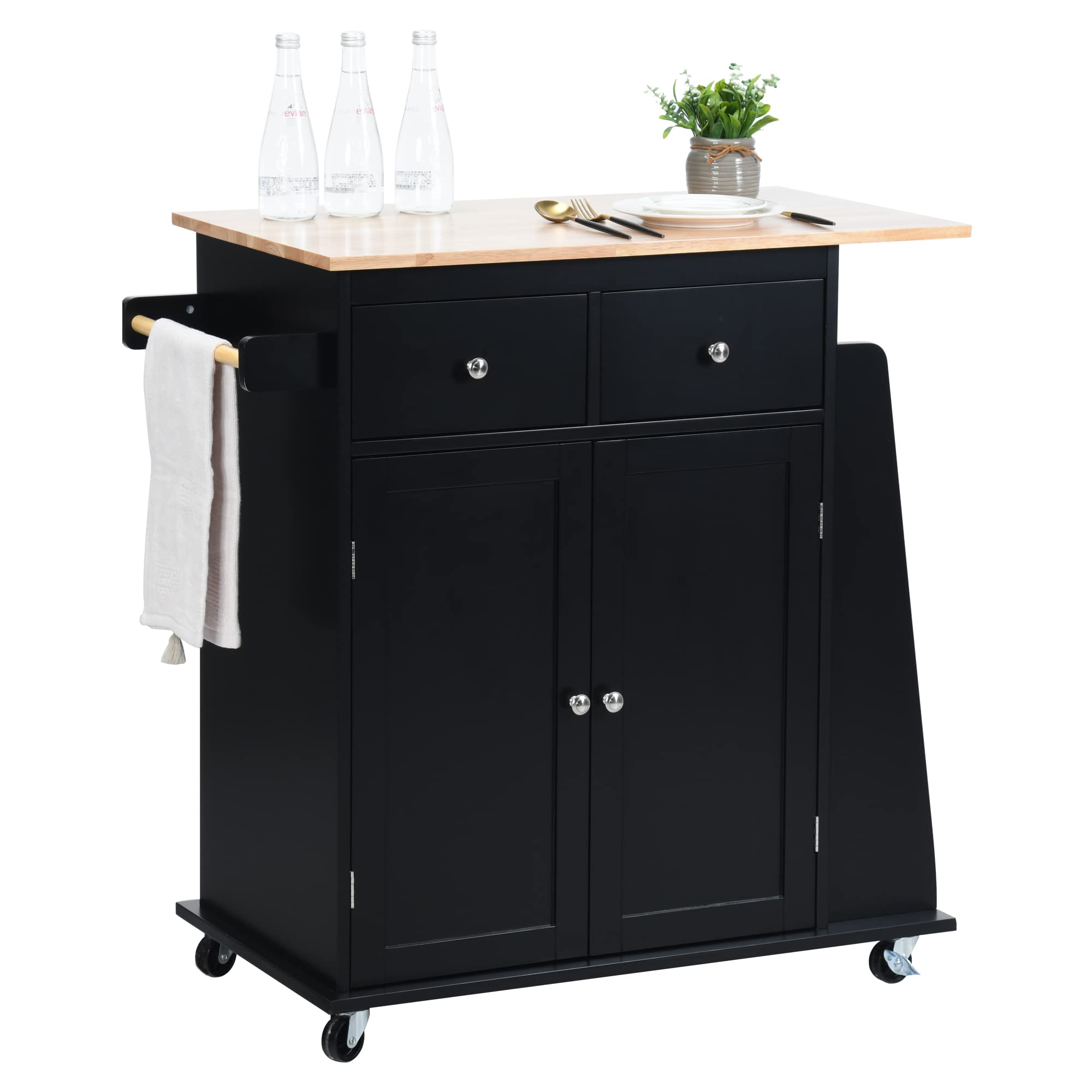 LOKO 3-Tier Rolling Kitchen Island Cart with Spice Rack & Towel Holder - Mobile Microwave Stand with Wheels & Rubber Wood Tabletop - 34.5