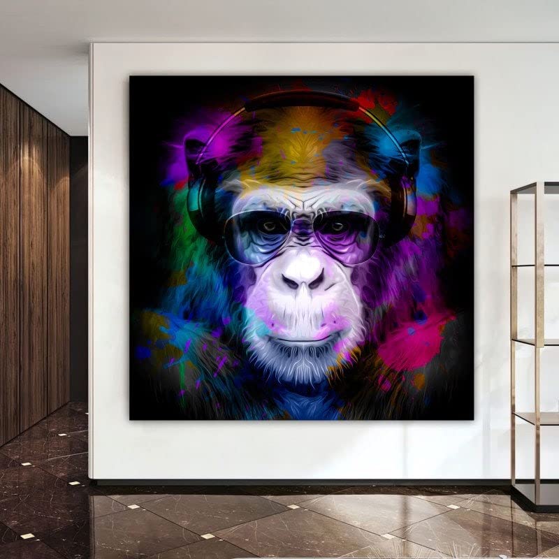 DJ Monkey Canvas Wall Art - Colorful Monkey Listening to Music with Glasses, 20
