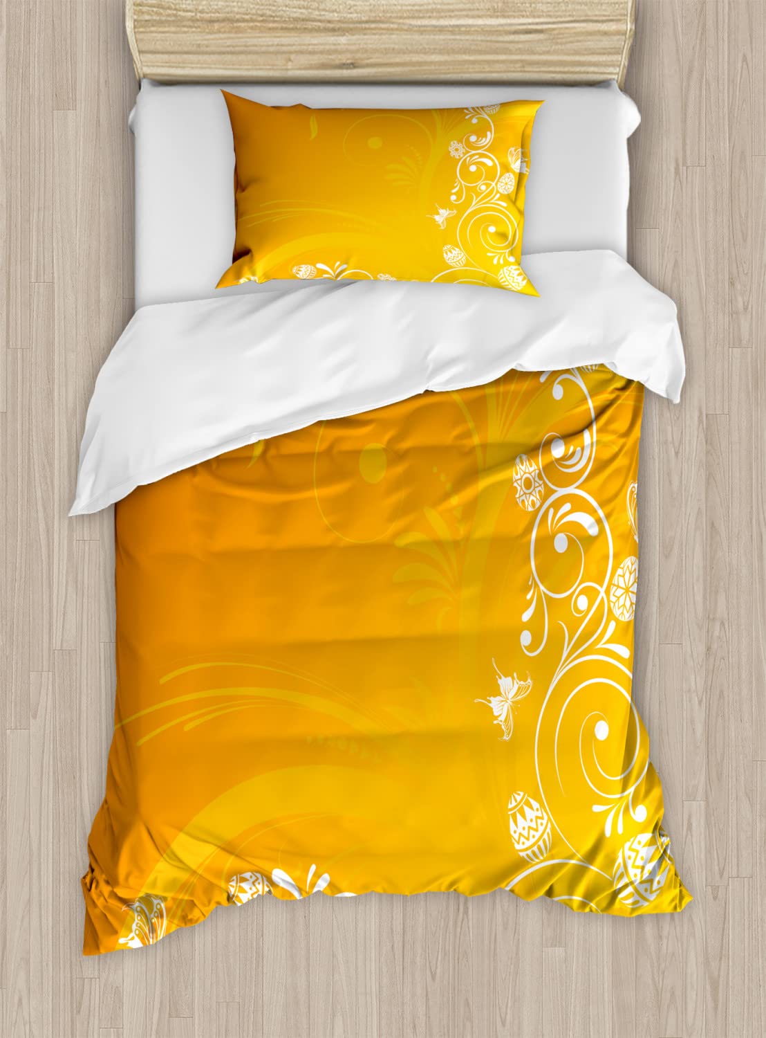 Ambesonne Orange Duvet Cover Set - Queen Size 2-Pack with 2 Duvet Covers & 4 Pillowcases | Easter Themed Abstract Floral Pattern with Ornamental Eggs and Butterflies in Orange, Yellow, White | Perfect for Spring Bedroom Decor, Holiday Guest Room, and Easter Gift