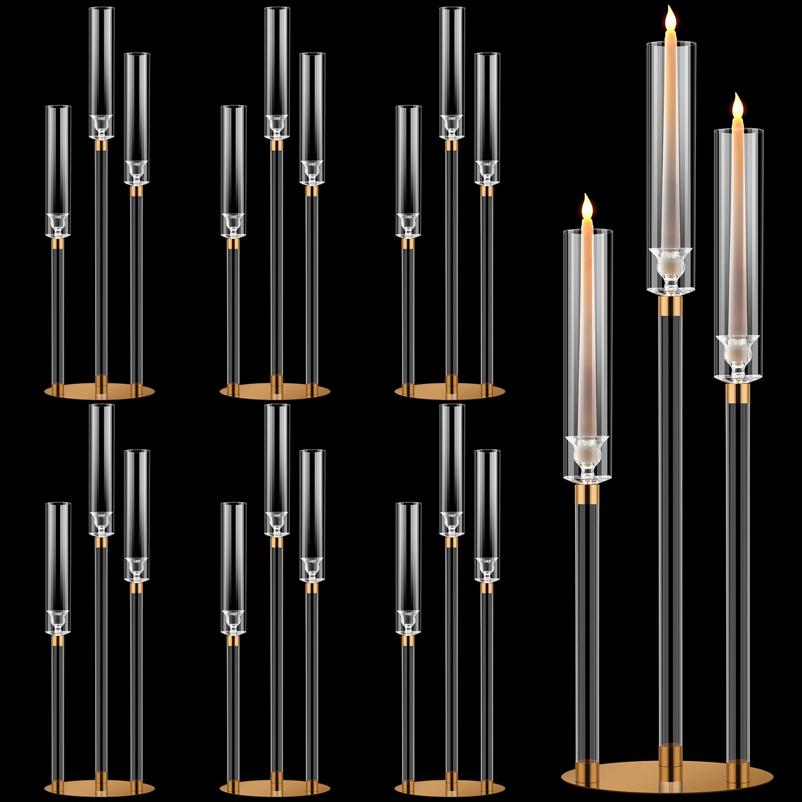 Layhit 6-Pack 30.5'' Tall Clear Acrylic Candelabra Centerpieces - Gold 3-Arm Crystal Candle Holders with Clear Lampshade for Wedding, Party & Home Decor - Fits 0.8