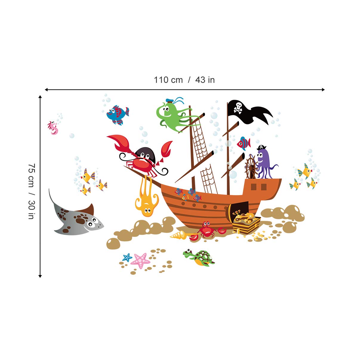 Pirate Ship & Sea Animal Wall Stickers - Crab, Octopus & Bubbles Decals for Kids Room Decor | Nursery, Playroom & Boys Bedroom Wall Art | Perfect for Underwater Theme & Pirate Adventure Decor