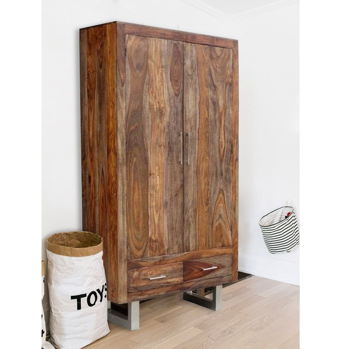 Solid Wood Wardrobe Cabinet - Natural Indian Sheesham Wood, 60x100x200cm (DxWxH) - Spacious Storage for Bedroom, Living Room & Office - Handcrafted Traditional Design