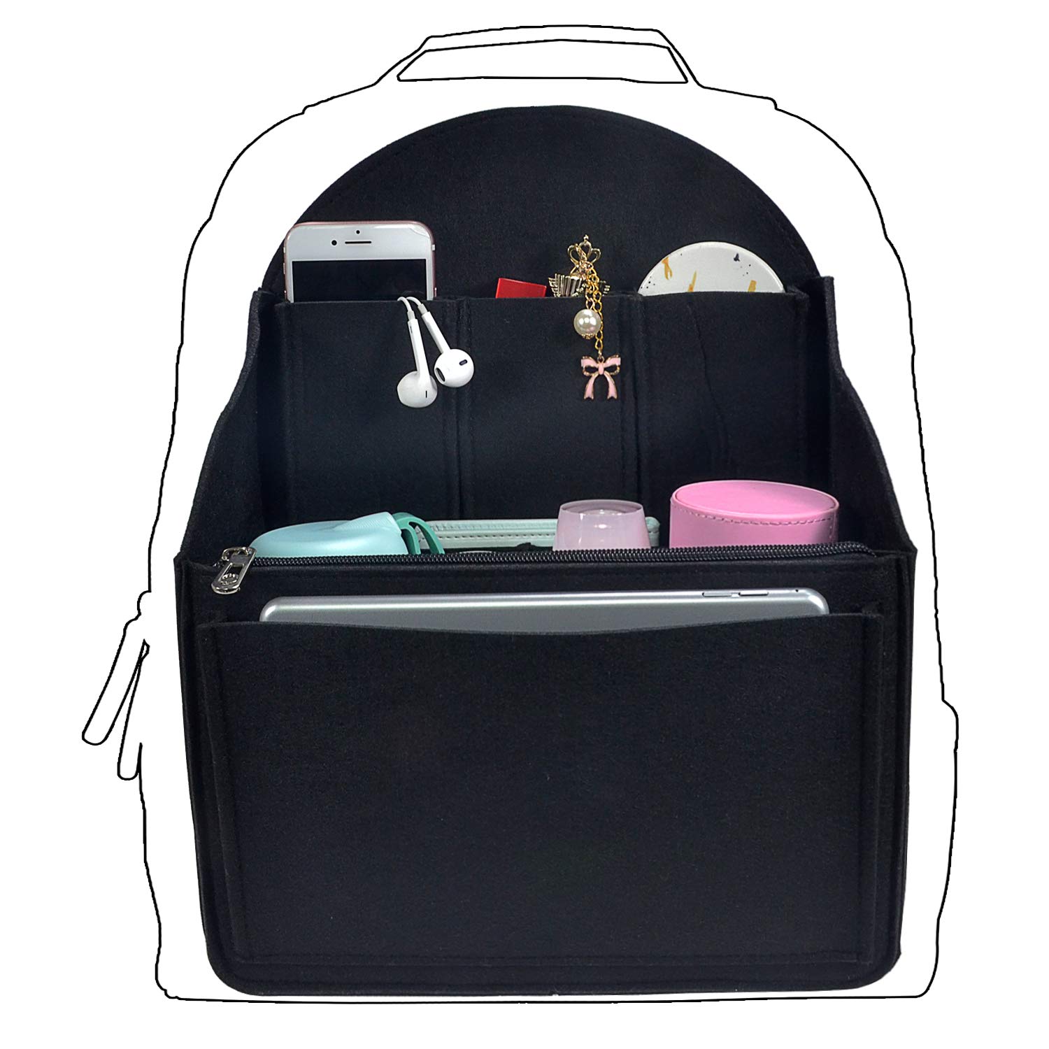 Felt Backpack Organizer Insert for Men & Women - Small Black for Travel & Work