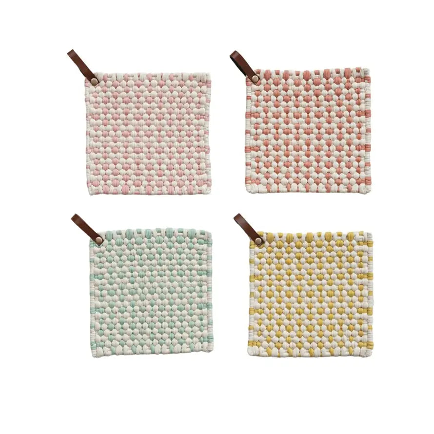 Handmade Cotton Crocheted Pot Holder with Leather Loop - Heat Resistant Kitchen Accessory for Cooking, Baking & Serving Hot Dishes