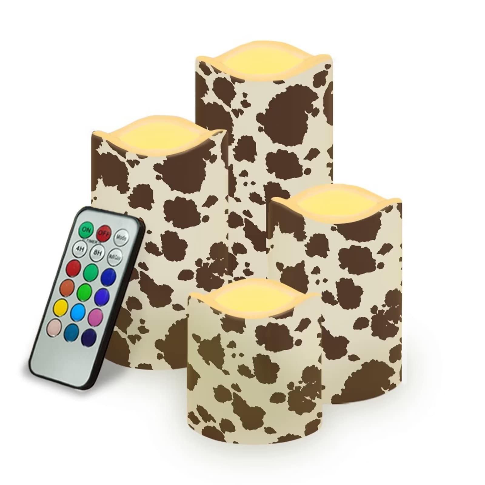 Suhoaziia Brown Cow Print Flameless LED Candles with Remote & Timer - Realistic Flickering Flames for Home Decor, Wedding Centerpieces, Outdoor Patio Lighting