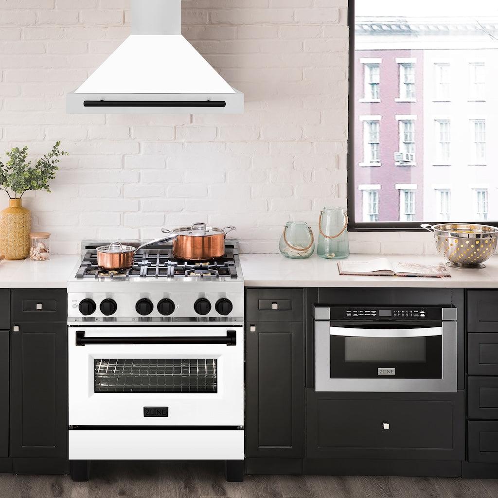 ZLINE KB4STZ WM MB Autograph Edition Convertible Stainless Steel Range Hood - White Matte Shell with Matte Black Accents | Professional Kitchen Ventilation for Modern Homes