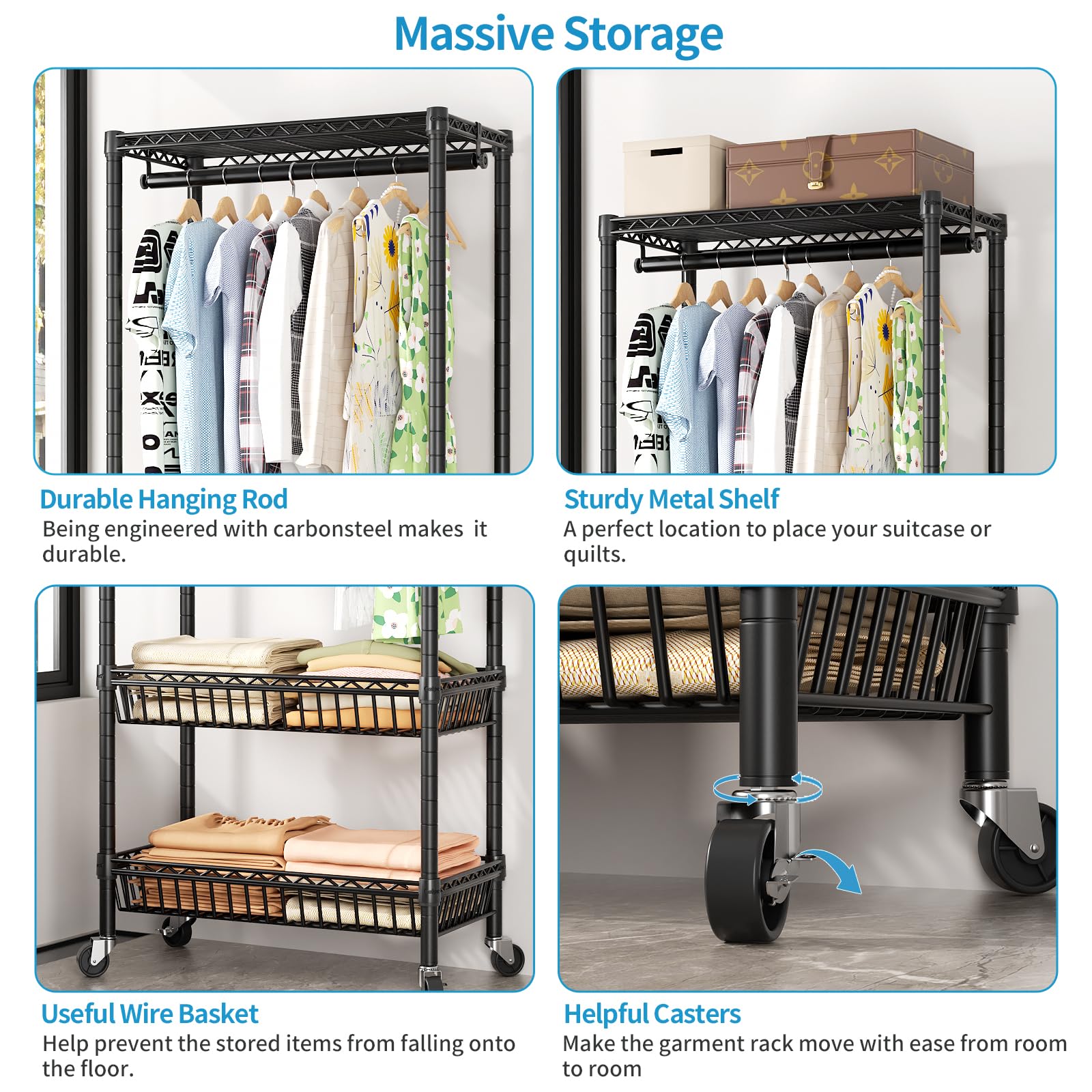 Heavy Duty Rolling Garment Rack - Adjustable Wire Shelving Clothing Organizer with Hanger Hooks & Double Baskets | Freestanding Metal Wardrobe Storage for Closet, Laundry Room, or Retail Store Use