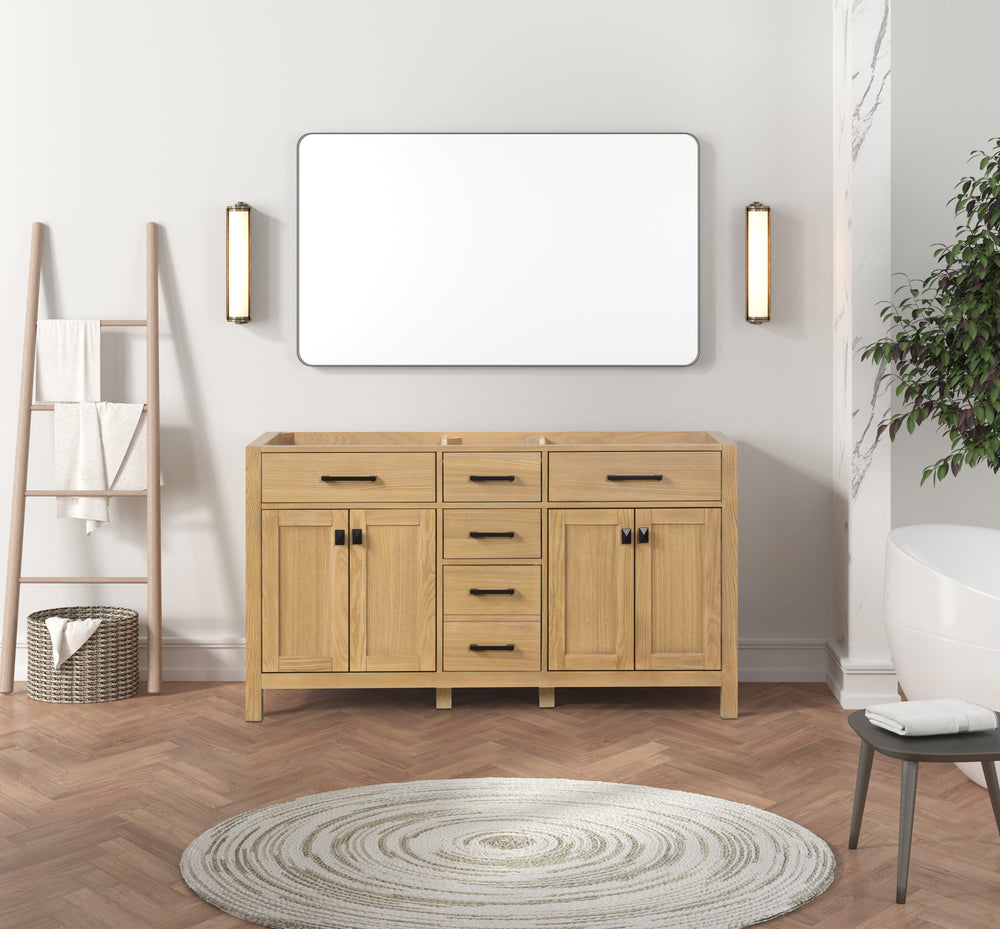 59.5 Inch Double Bathroom Vanity in Desert Oak - Modern London Style Bathroom Sink Cabinet with Storage for Master Bath & Guest Bath Remodel