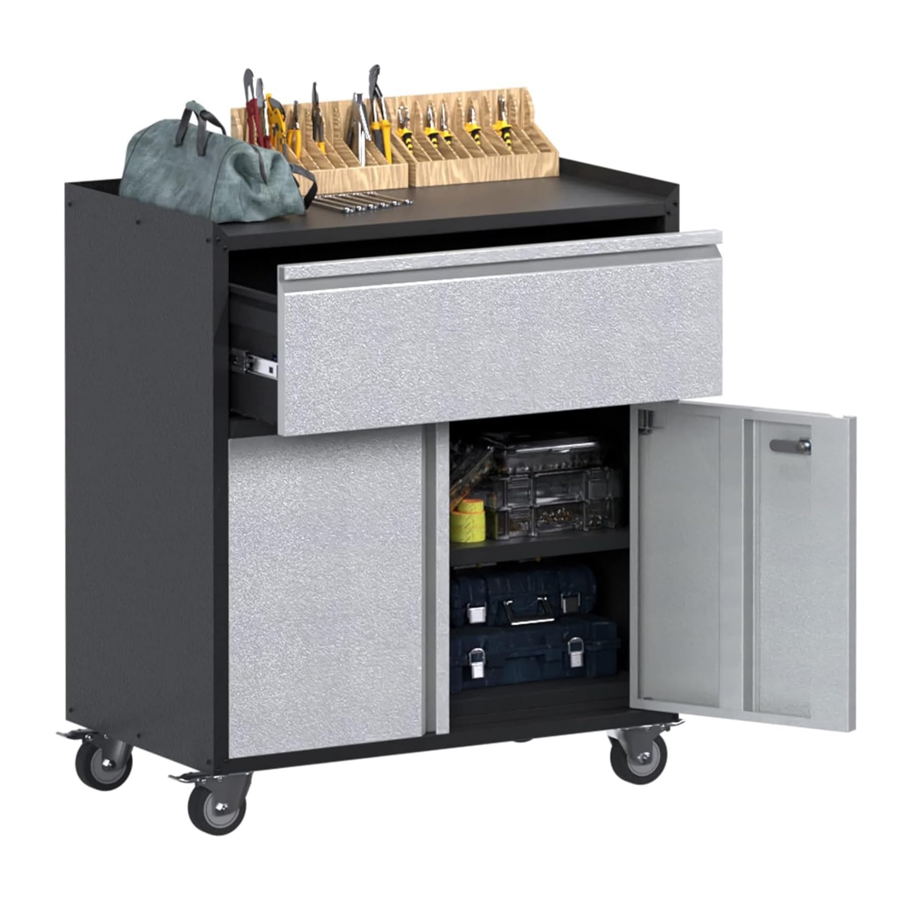 Lockable Rolling Garage Storage Cabinet with Doors & Drawers - Heavy Duty Metal Tool Organizer on Wheels for Garage, Workshop, Home & Office - Black & Gray (18.11
