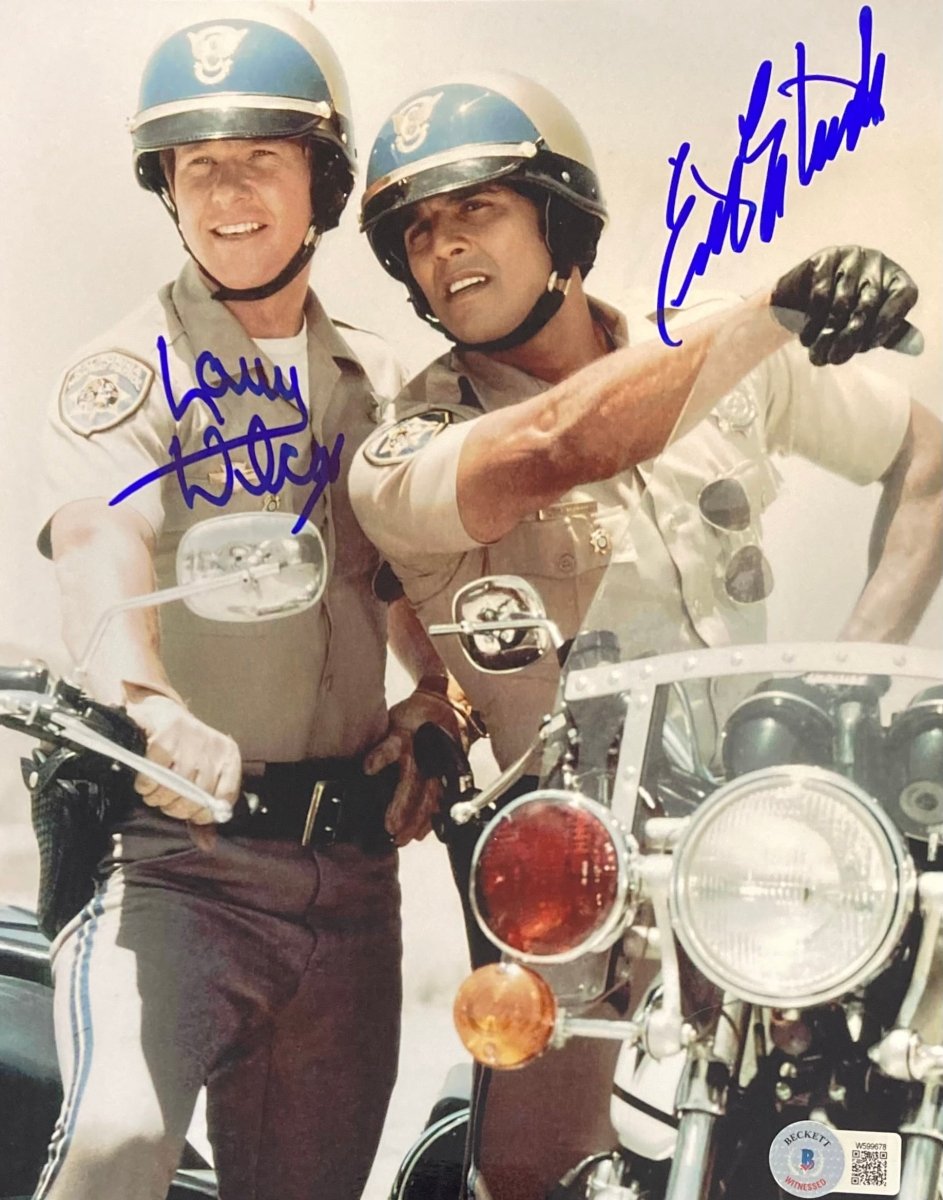 Erik Estrada & Larry Wilcox Signed 8x10 CHIPS Motorcycle Photo - Authentic BAS ITP Certified - Perfect for TV Memorabilia Collectors & 80s Nostalgia Fans