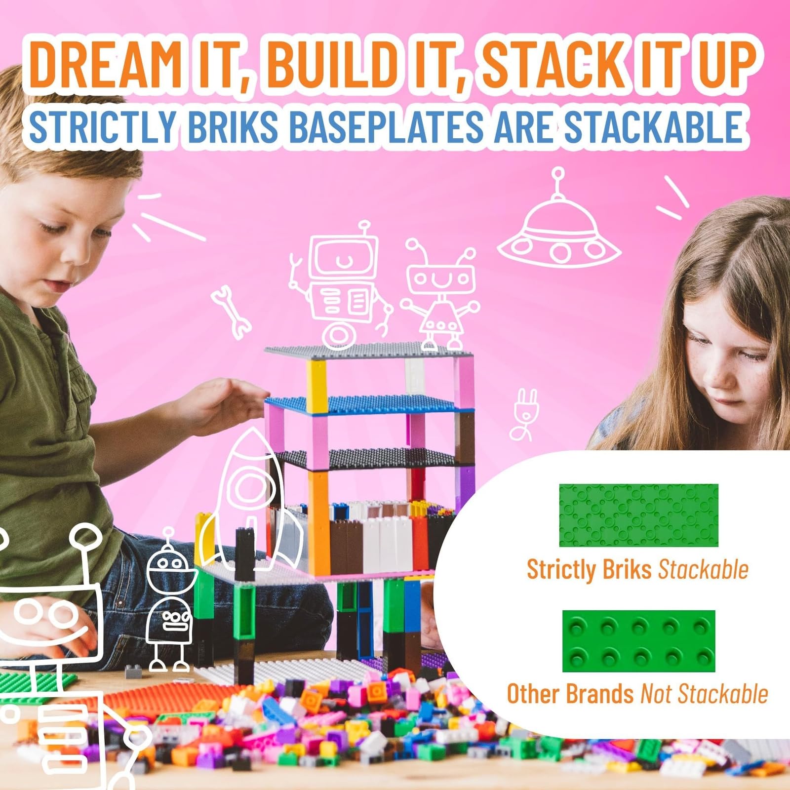 Strictly Briks Lego-Compatible Stackable Baseplates - 6x6 Inch Building Bricks for Towers, Shelves & DIY Projects (4 Base Plates + 30 Stackers in Red, Green, Blue & Yellow) | Perfect for Kids' Creative Play, Classroom STEM Activities & Home Organization