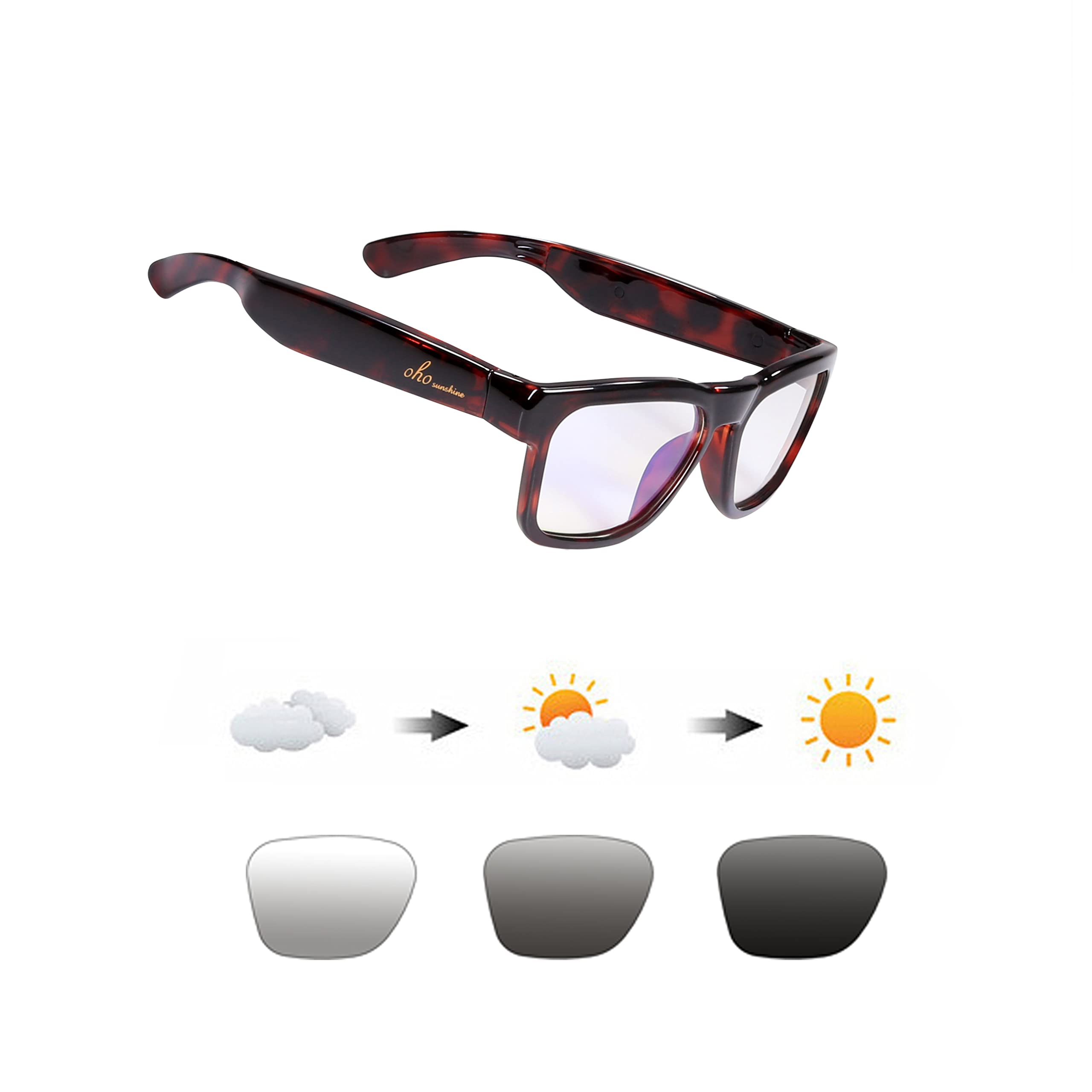 OhO Safety Glasses with Voice Control & Open Ear Design - Transitional Blue Light Filtering Lenses for Music, Calls & Eye Protection - Perfect for Work, Gaming & Outdoor Activities