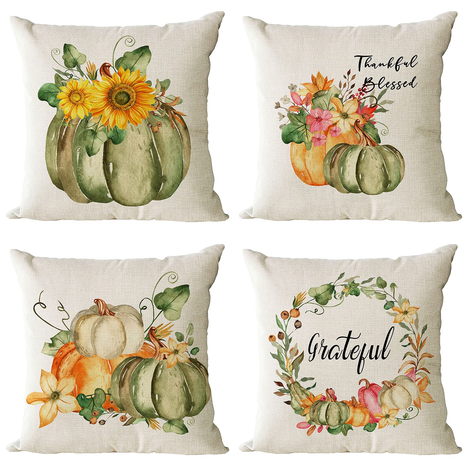 4 Pack 20x20 Inch Fall Pillow Covers - Pumpkin & Autumn Leaves Thanksgiving Decor for Sofa, Couch, Outdoor - Seasonal Home Decor for Living Room, Porch, and Fall Theme Parties (20 by 20 Inches)