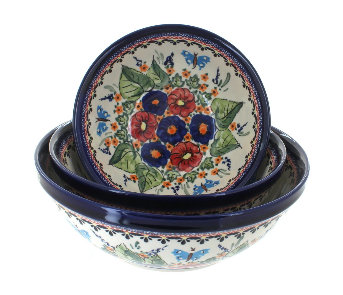Blue Rose Polish Pottery Floral Butterfly 3-Piece Serving Bowl Set - Elegant Dinnerware for Entertaining, Home Decor & Gift Giving
