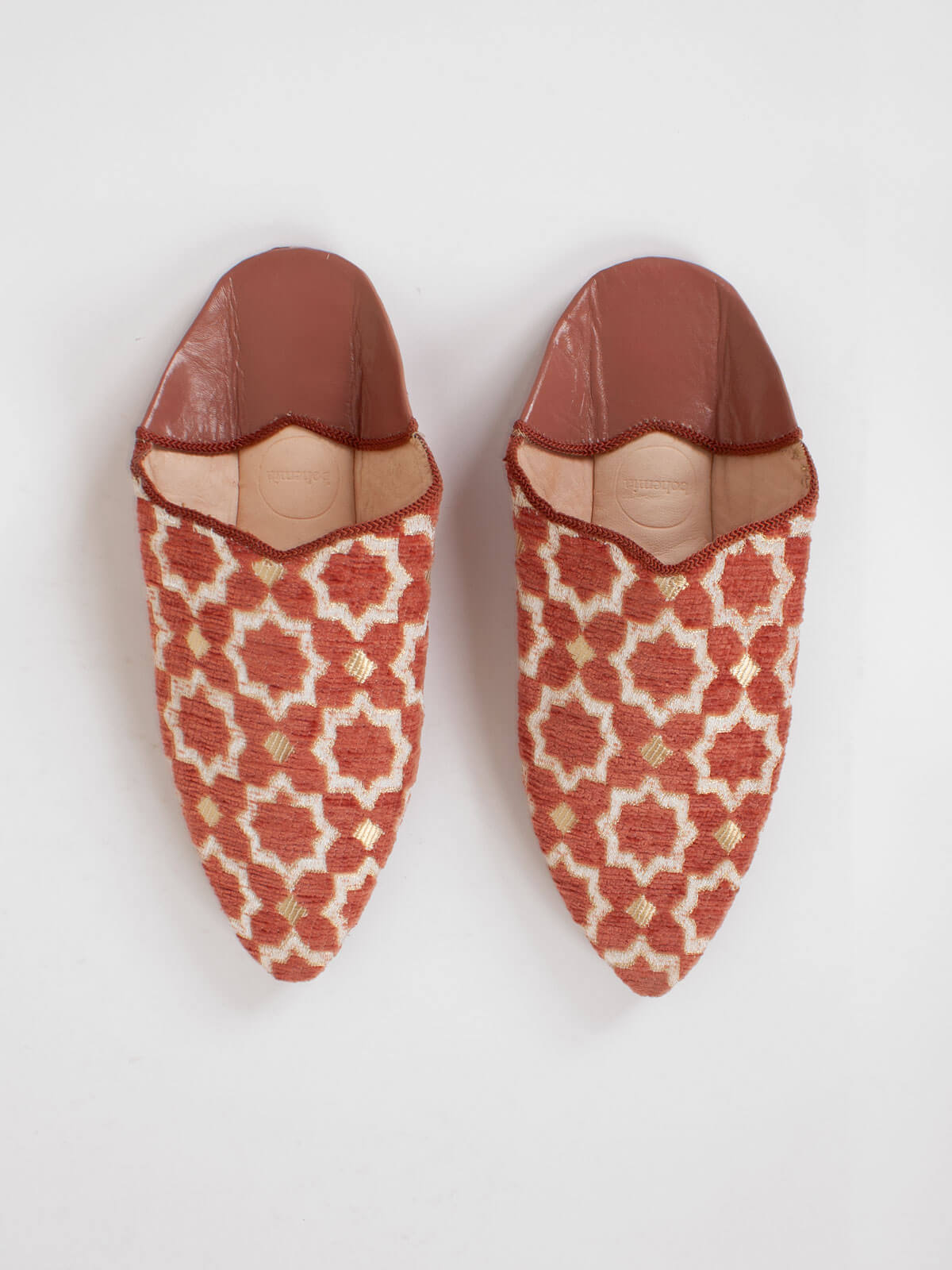Moroccan Star Brocade Pointed Babouche Slippers - Handmade Leather Terracotta Shoes | Perfect for Home, Lounge & Boho Fashion
