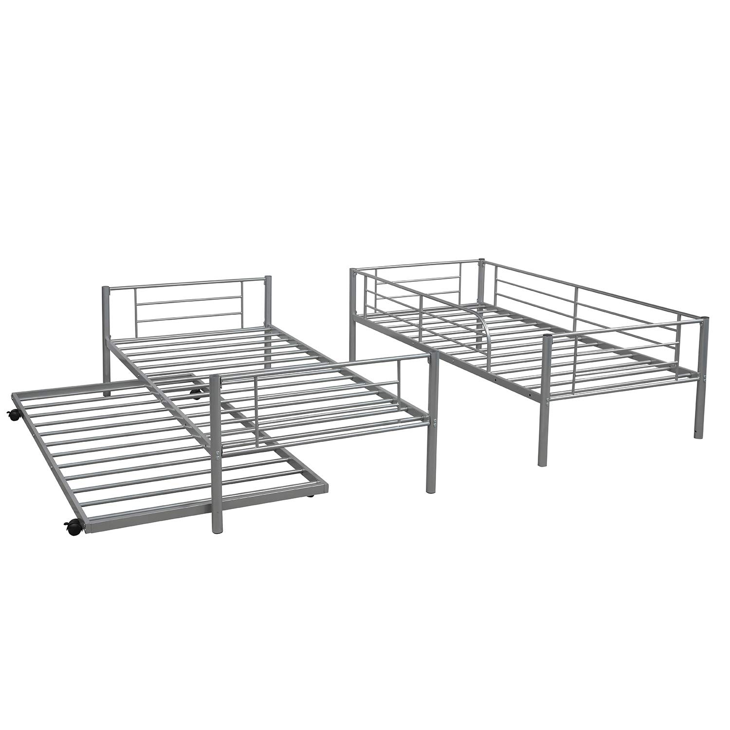 Harper & Bright Designs Twin Over Twin Metal Bunk Bed with Trundle, Ladder & Safety Rail - Space-Saving Kids Bedroom Furniture for Sleepovers & Small Rooms (Silver, Twin/Twin)