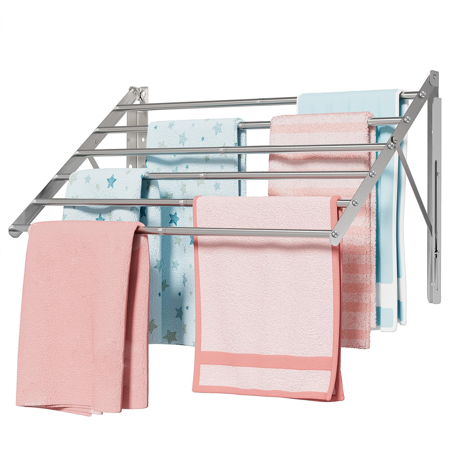 JAUREE Foldable Wall Mounted Clothes Drying Rack - 6 Stainless Steel Rods for Space Saving Laundry
