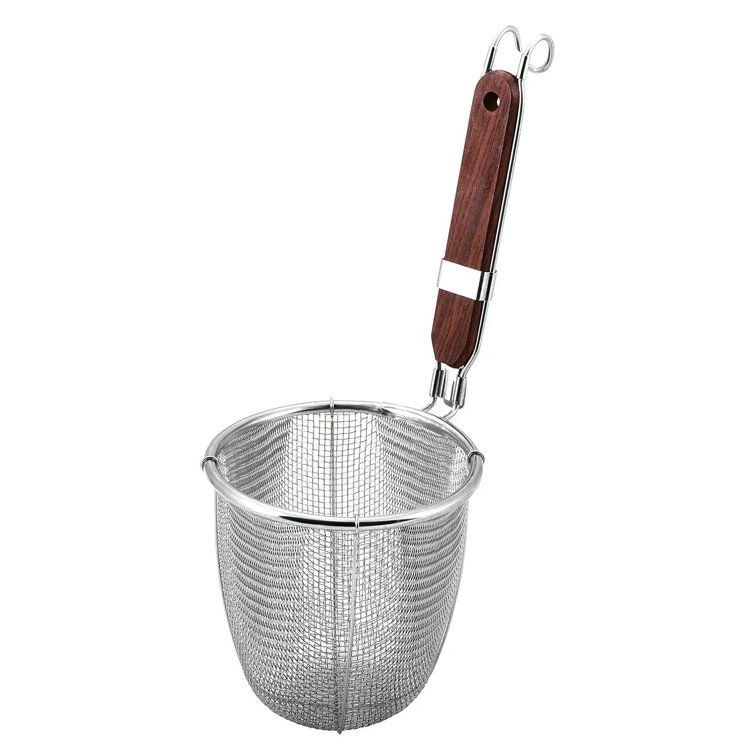 Premium Minex Stainless Steel Udon & Tebo Noodle Strainer with Rosewood Handle - Round Base Design for Japanese & Asian Cooking, Perfect for Ramen, Pho & Pasta Draining