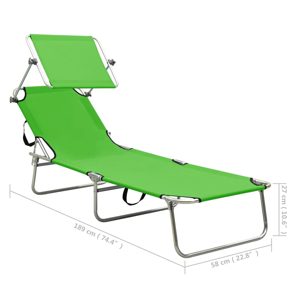 Portable Folding Sun Lounger with Adjustable Backrest & Canopy - Beach Chair, Patio Lounge, Poolside Furniture for Outdoor Relaxation in Yard, Balcony or Vacation | Durable Steel Frame in Apple Green