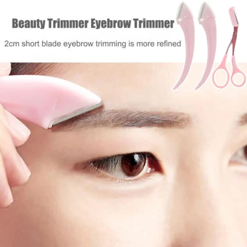 Professional Eyebrow Trimmer Scissor Kit - 3-Piece Set with Razors & Comb for Precise Eyebrow Shaping - Grooming Tool for Women & Men (Pink) - Perfect for Home Use, Travel & Salon Styling