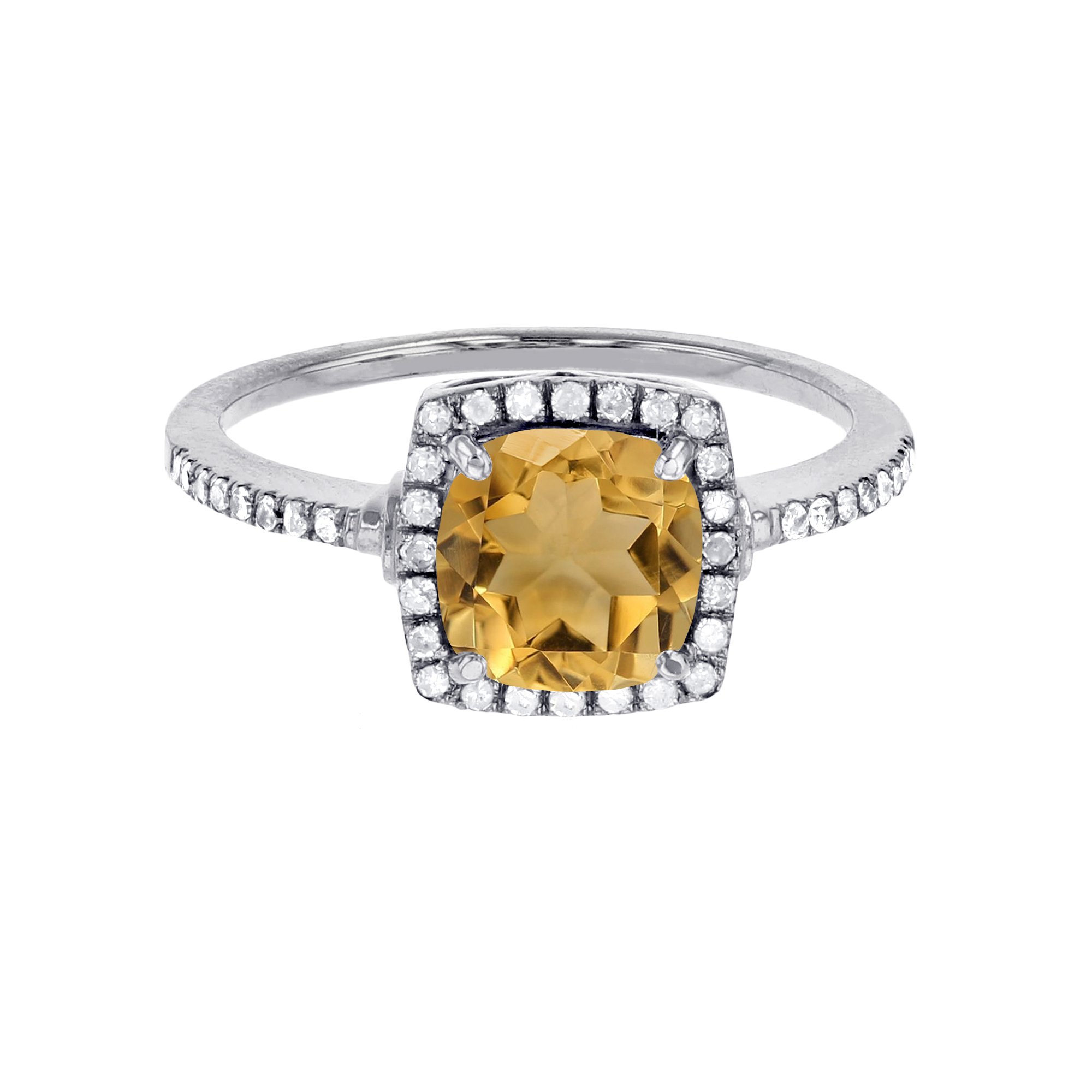 7mm Cushion Citrine & White Sapphire Halo Ring in Sterling Silver with Rhodium Plating - Perfect for Engagement, Anniversary & Special Occasion Gifts