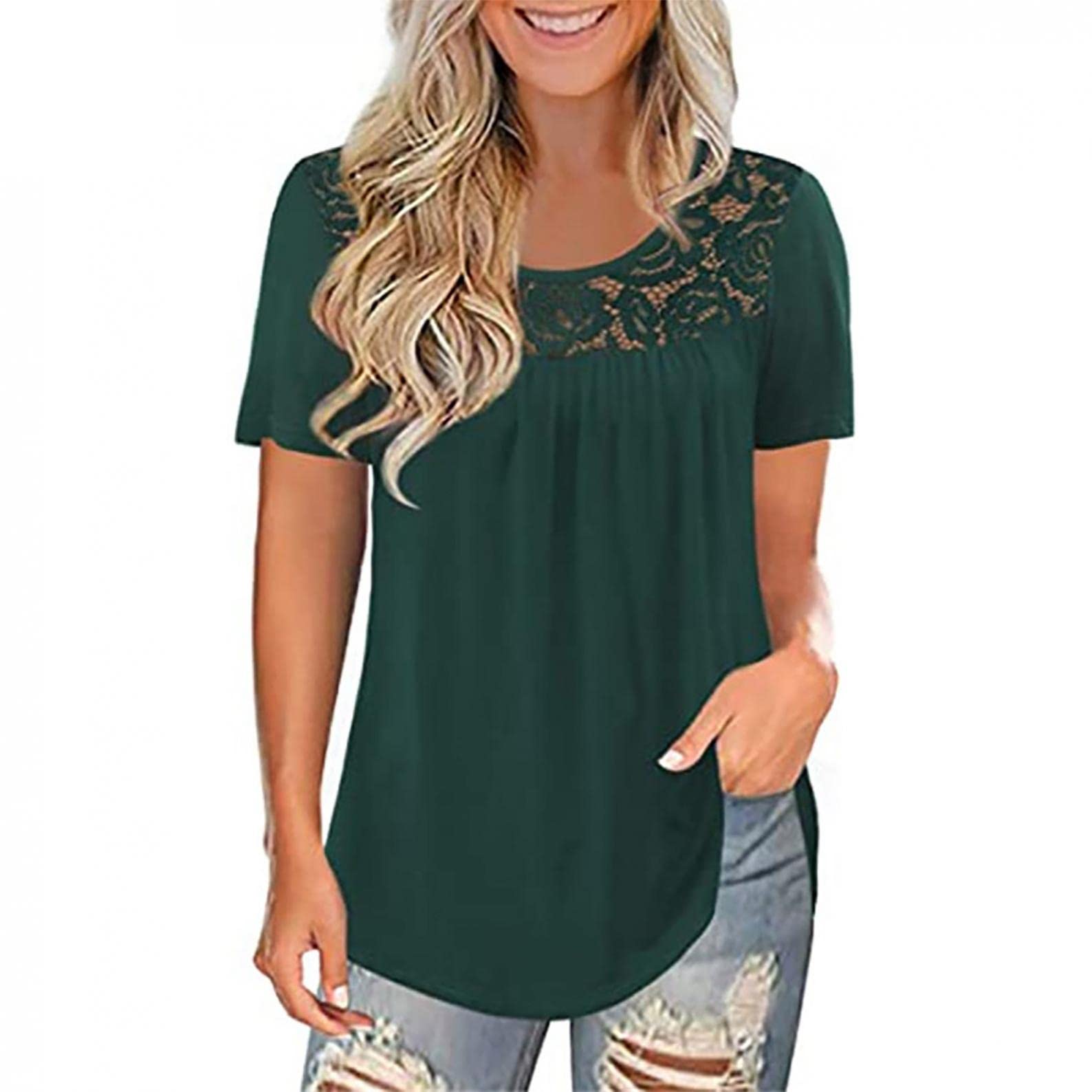UOCUFY Women's Plus Size Casual Short Sleeve Lace Tunic Blouse - Flowy Summer Top for Office, Date Night & Outdoor Activities