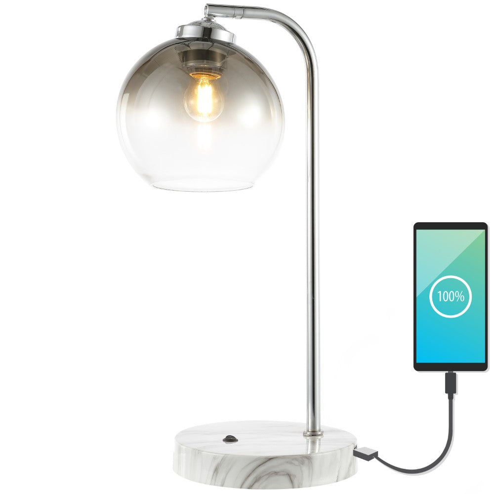 Ada 20 Industrial Contemporary Iron/Glass LED Task Lamp with USB Charging Port - Modern Desk Light for Home Office, Study & Reading - Adjustable Brightness for Work & Relaxation
