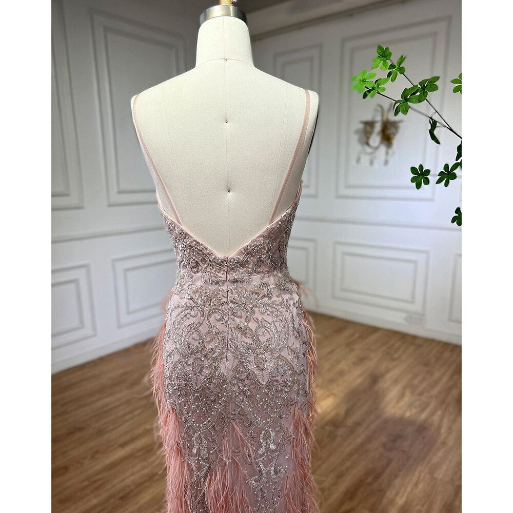 Serene Hill Pink Feathers Mermaid Evening Dress 2025 - Luxury Dubai Gown for Women Wedding Party LA72105 | Elegant Formal Gown for Prom, Red Carpet & Special Occasions