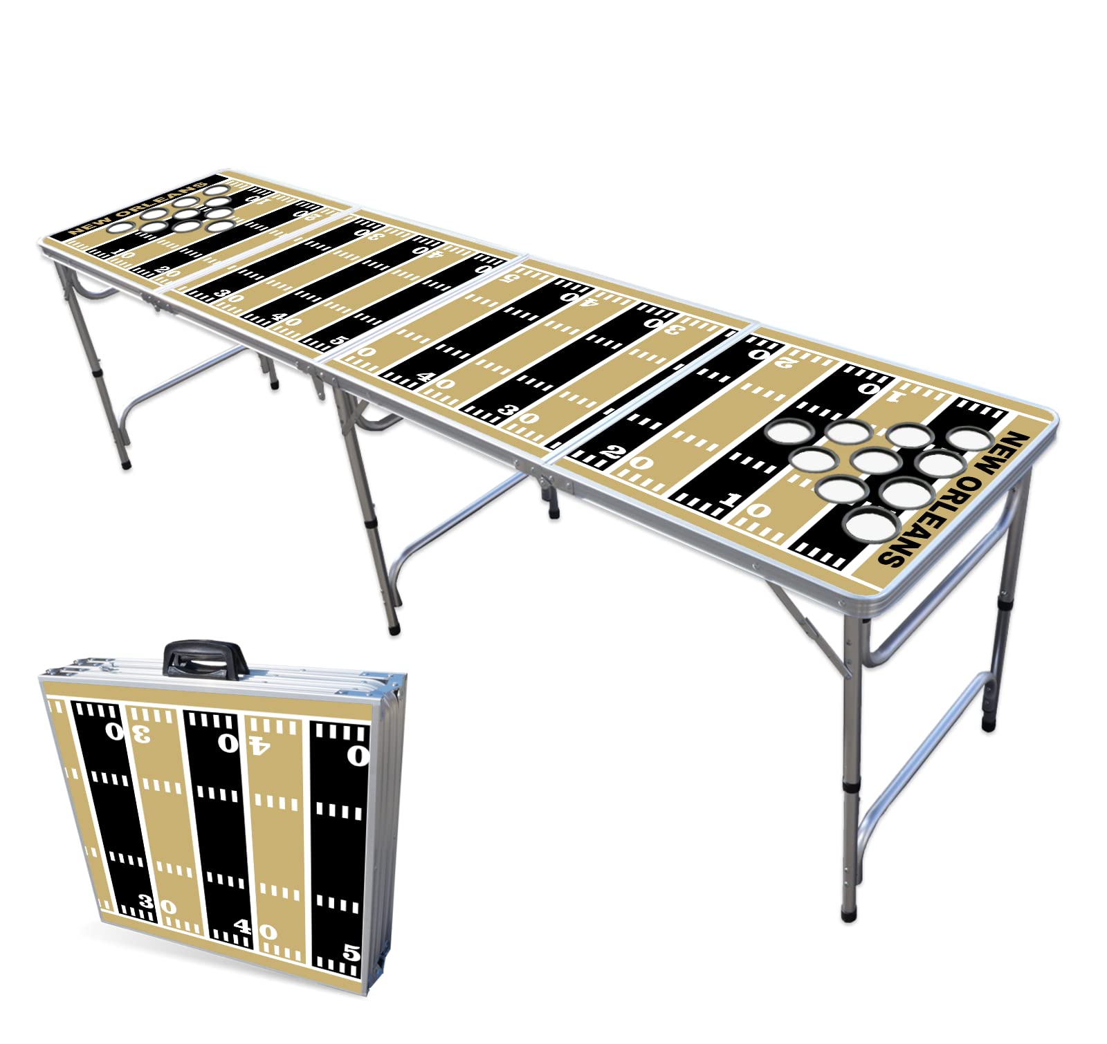 8-Foot Folding Portable Beer Pong Table with Optional Cup Holes & LED Lights - New Orleans Football Field Design - Perfect for Parties, Tailgating & Outdoor Games (Choose Your Model)