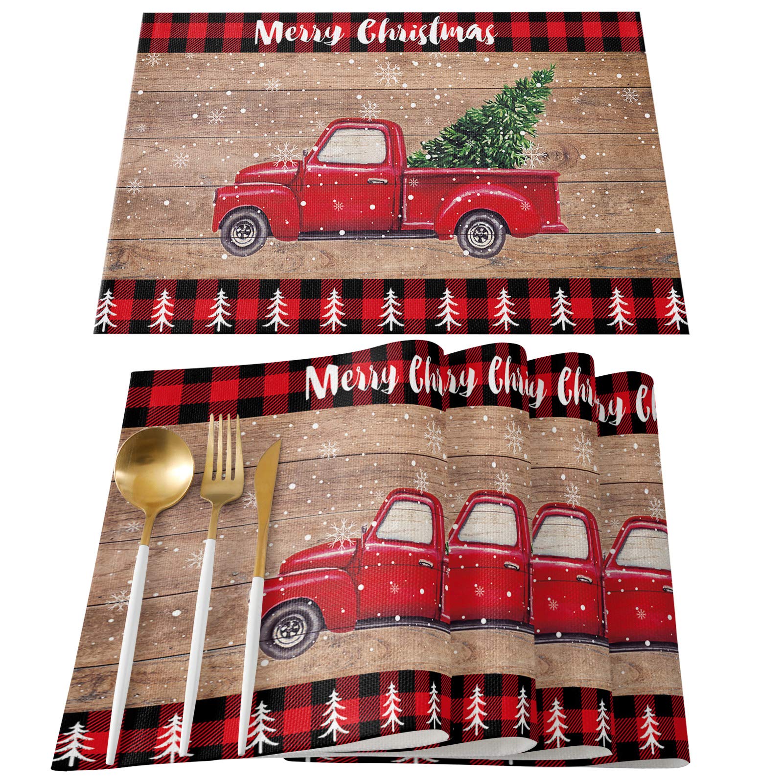 Christmas Placemats Set of 4 - Festive Red Truck Holiday Table Mats with Burlap Insulation for Dining Table, Kitchen & Farmhouse Decor | Washable Xmas Tree Wooden Grain Placemats for Holiday Parties & Family Gatherings