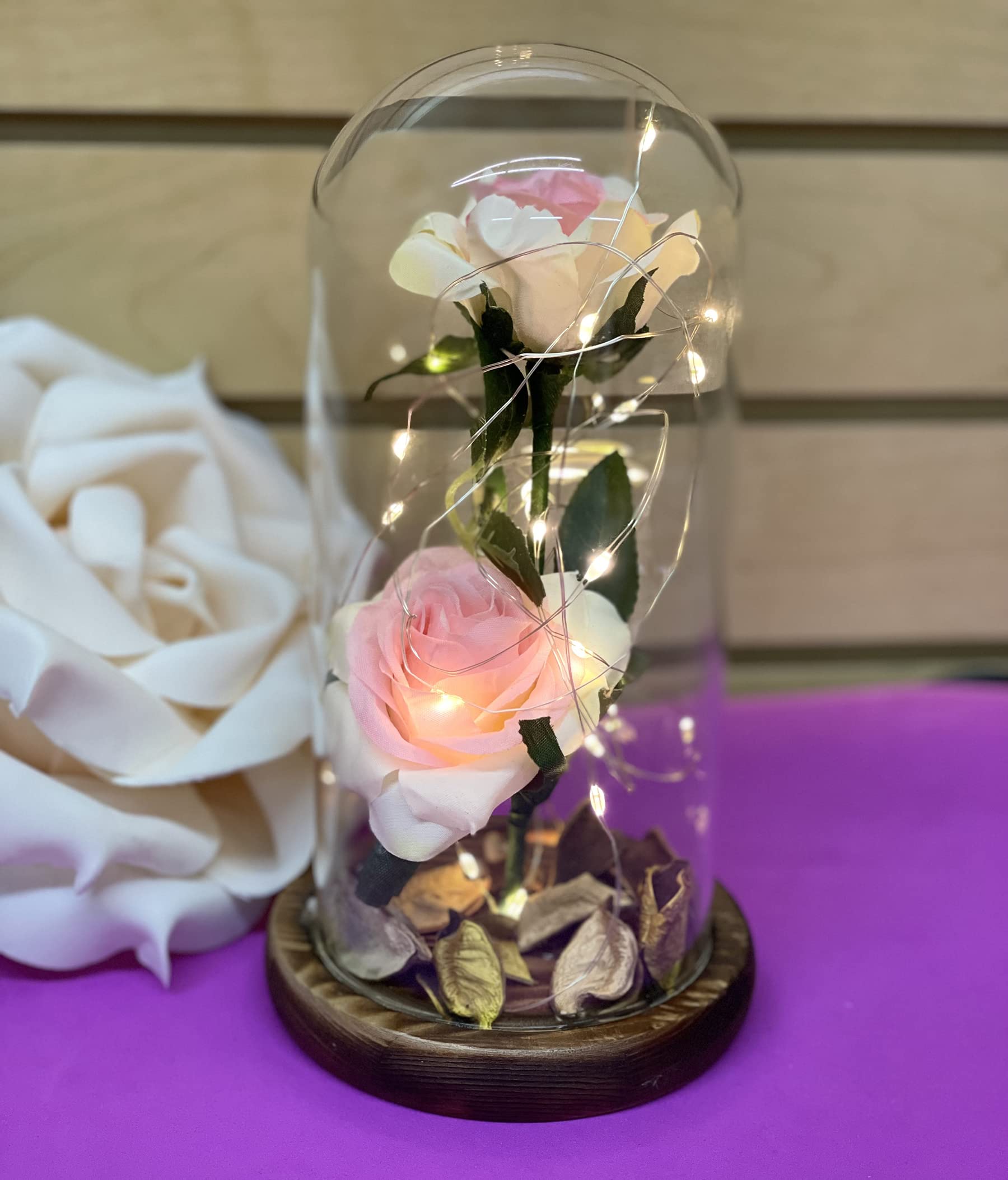 Enchanted Pink Silk Rose in Glass Dome with LED Light - Valentine's Day, Mother's Day, Anniversary Gift for Her - Perfect for Home, Office, Wedding Decor & Romantic Surprises