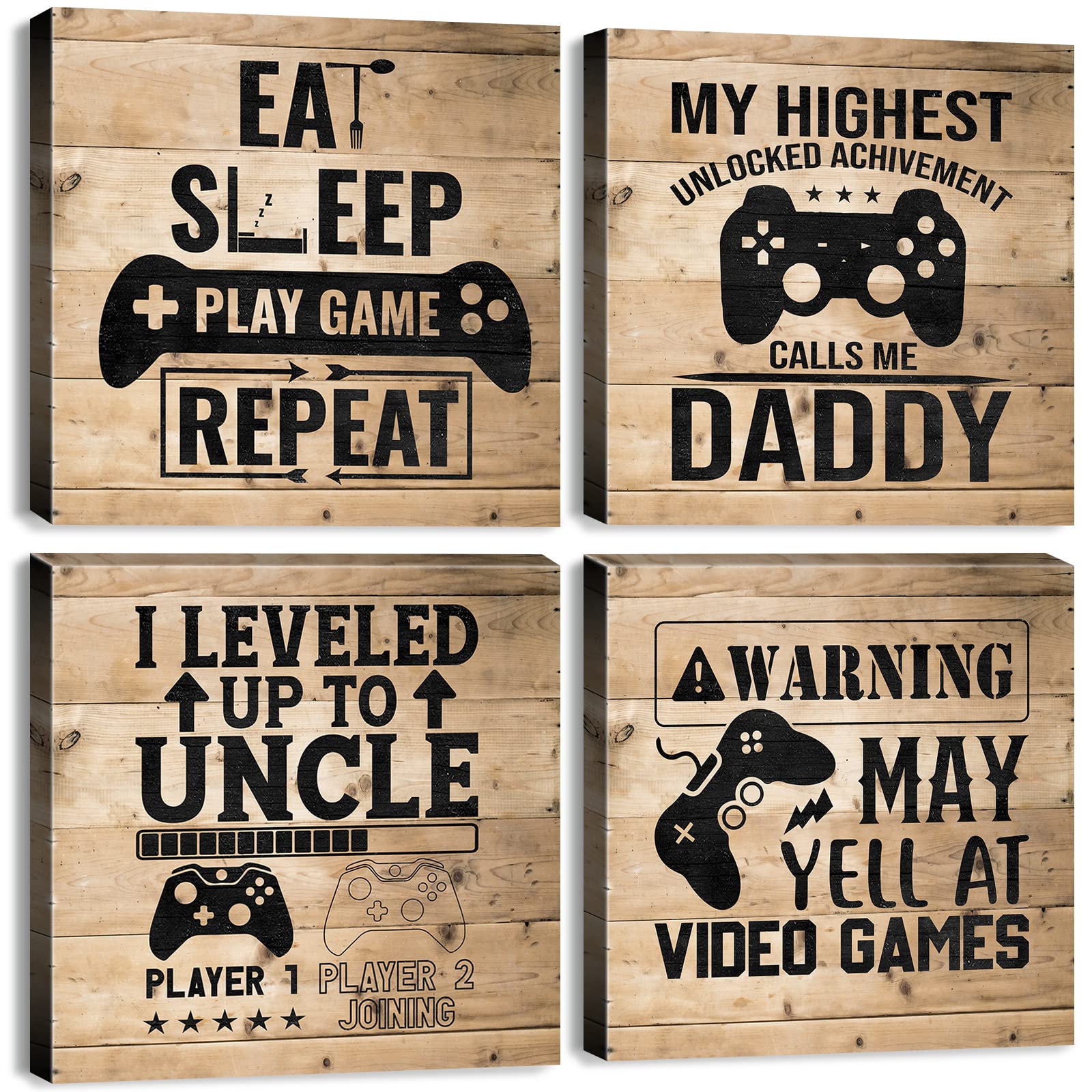 12x12 Inch Gaming Wall Art Set of 4 - Kids Room Decor, Boys Bedroom Canvas Posters, Video Game Themed Nursery Paintings, Farmhouse Style Gamer Playroom Decor - Perfect for Birthday Gifts & Gaming Room Wall Decor