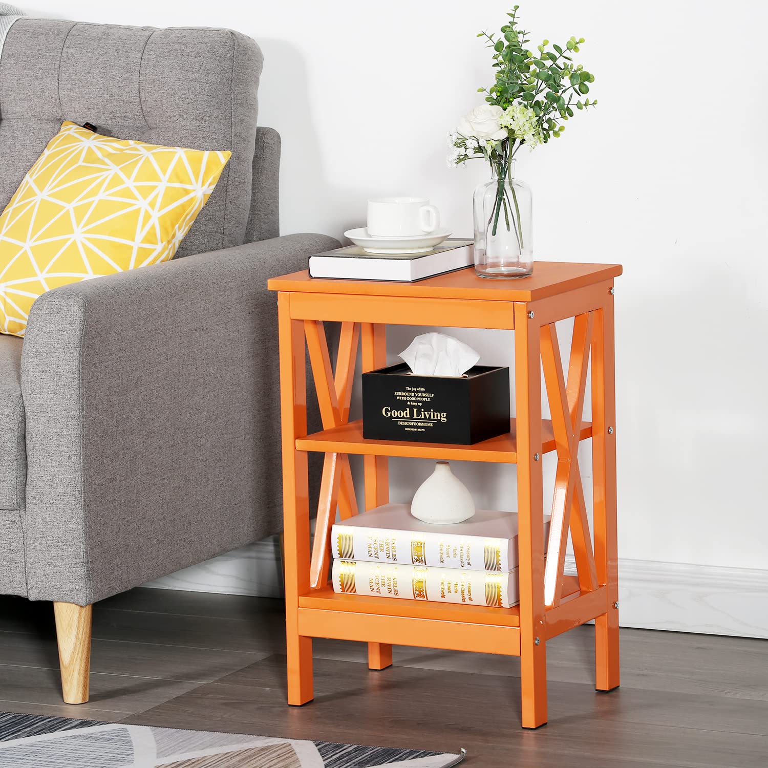 VECELO End Side Table with Storage Shelf - Nightstand for Bedroom & Living Room Furniture, Compact Shelves, 1-Pack, Orange - Perfect for Small Spaces, Apartment Decor & Bedside Organization