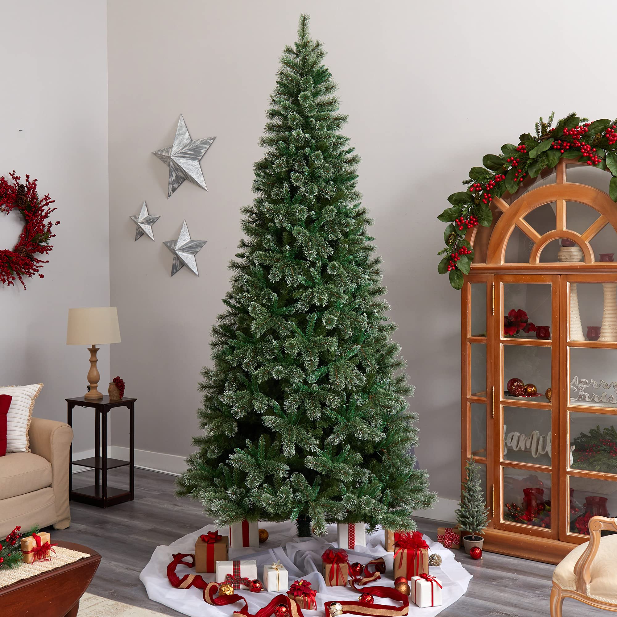 Nearly Natural 10ft Wisconsin Slim Snow Tip Pine Artificial Christmas Tree with 1050 Clear LED Lights - Perfect for Living Room, Office & Holiday Decorations