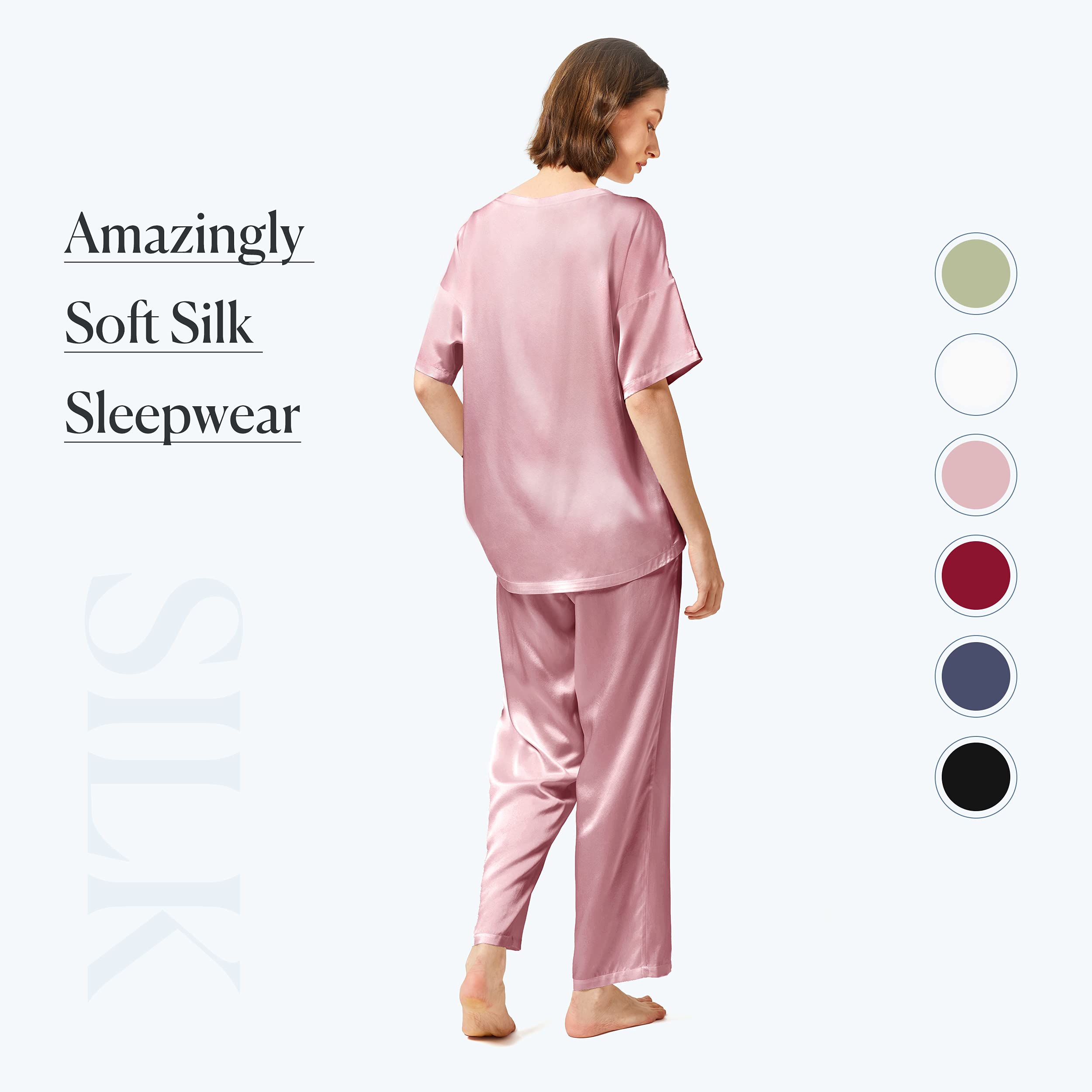 Mommesilk 100% Mulberry Silk Pajama Set for Women - Half Sleeve Summer Sleepwear - Washable & Breathable Silk Pjs - Perfect for Lounging, Travel & Gift Giving